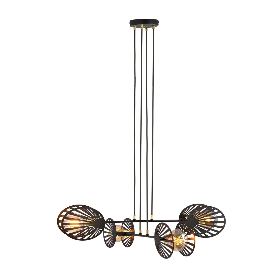 image lampa wisząca, kinkiet/pendant, metalowy żyrandol, konstrukcja krzyżowa, globowe klosze, czarny kolor, żarówki dekoracyjne