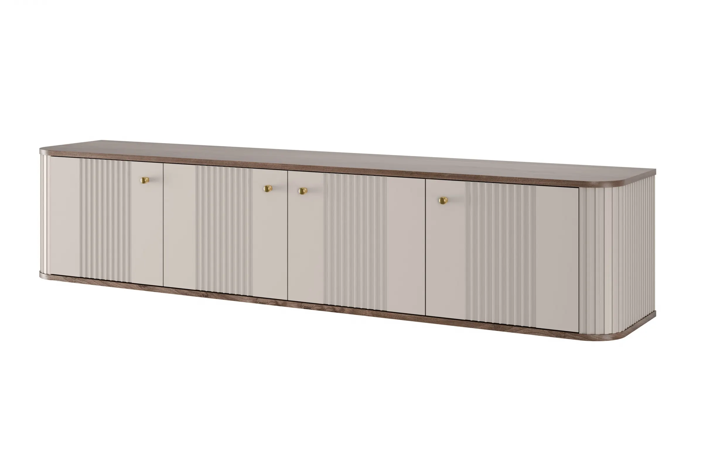 Szafka RTV wisząca 4-drzwiowa VESPER RTV 187 ryflowany front cashmere orzech złote uchwyty Meble, Kredens, Wanna z hydromasażem, Wanna, Gabinet