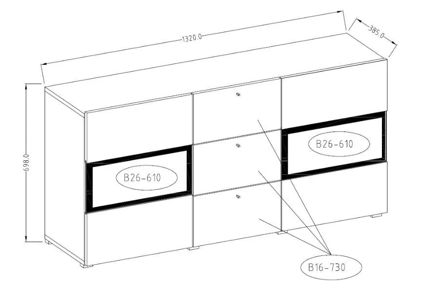 Komoda 2-drzwiowa z szufladami szklana BAROS 132x70x39 dąb san remo
