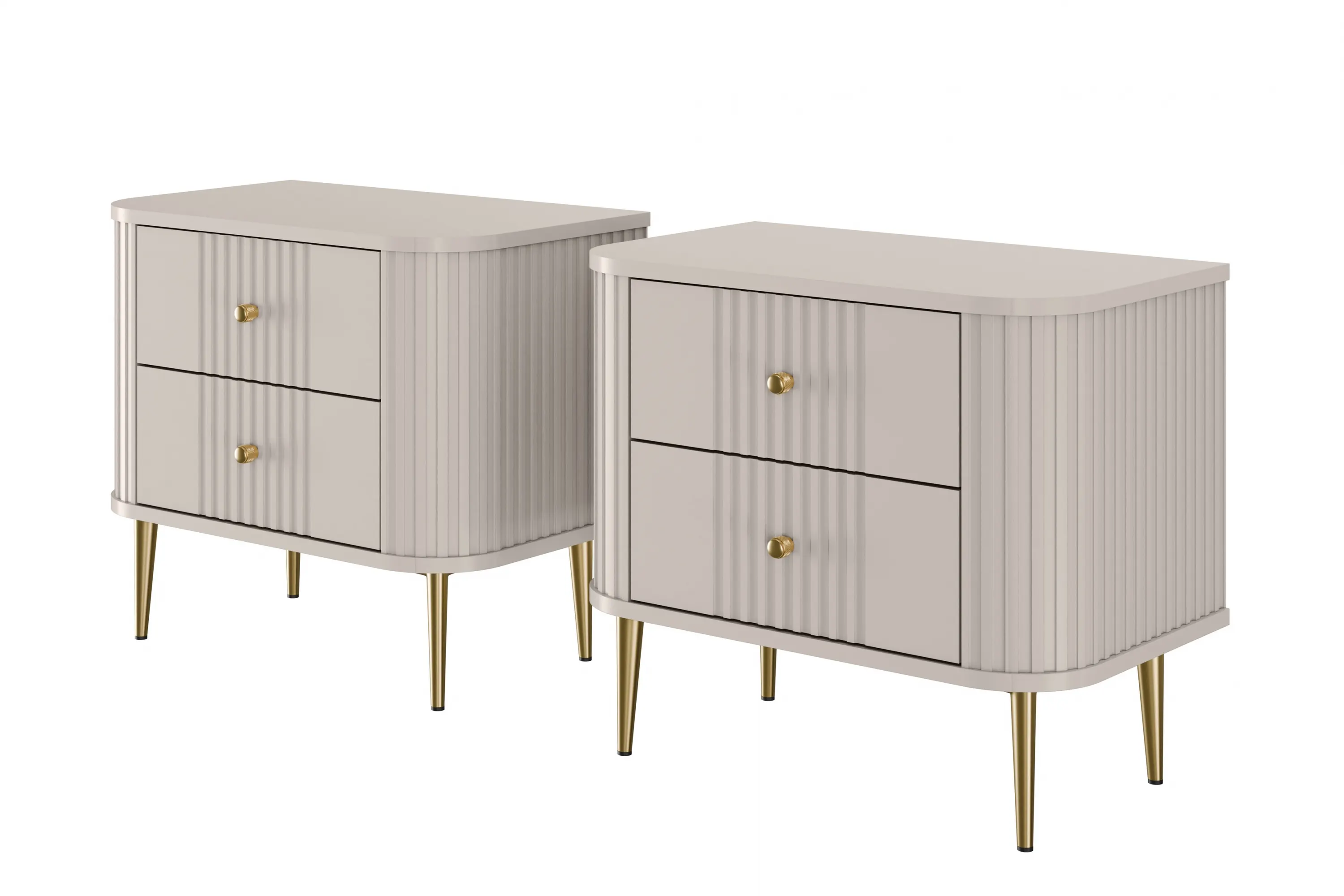 Szafka nocna z 2 szufladami VESPER 56 zestaw 2 sztuk ryflowany front cashmere złote nogi Meble, Kredens, Szafka, Szuflada