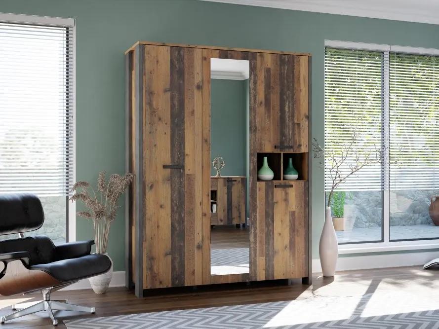 Szafa CLIF 4-drzwiowa z lustrem 156 cm, old wood vintage, beton - CLFS831S-C546