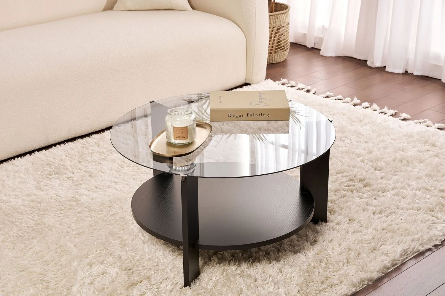 Stolik kawowy okrągły z półką CLARA 75 cm czarny efekt drewna blat szkło dymione - ASI_668NRD1110