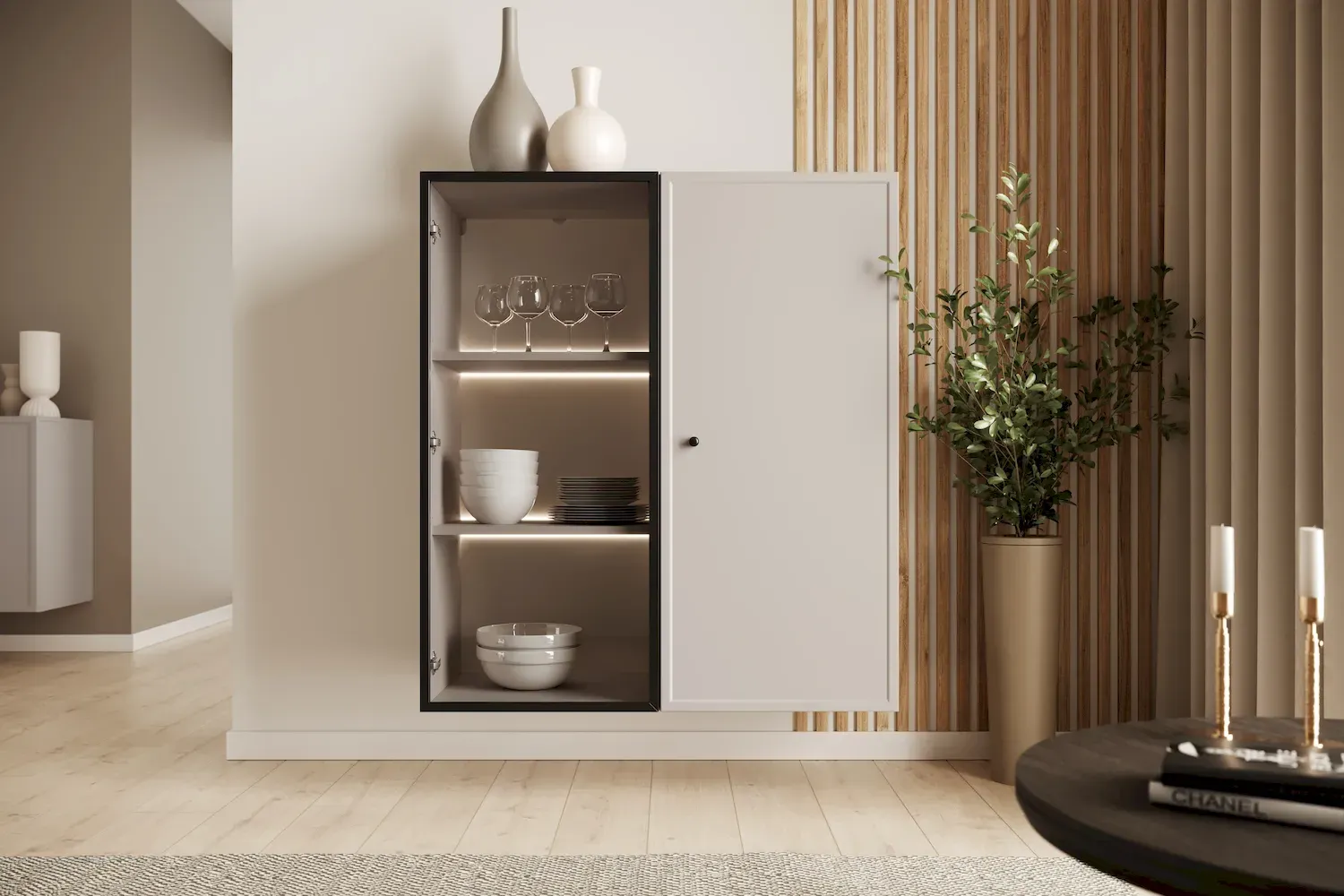 Witryna 2-drzwiowa LORINI 100 oświetlenie LED szkło Antosol - cashmere gałka czarna wisząca - B_166741