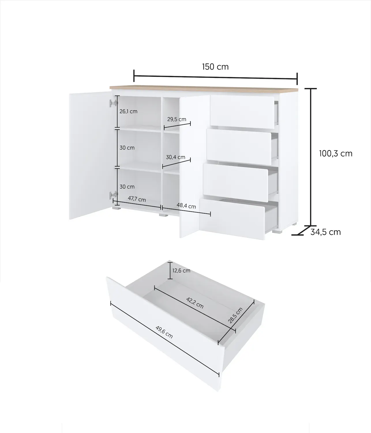 Komoda 2-drzwiowa z 4 szufladami MODO 150cm biały dąb mauvella - 247VOJ45