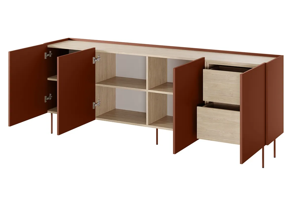 Komoda DESIN 220 z 2 szufladami- czerwona ceramiczna - dąb nagano