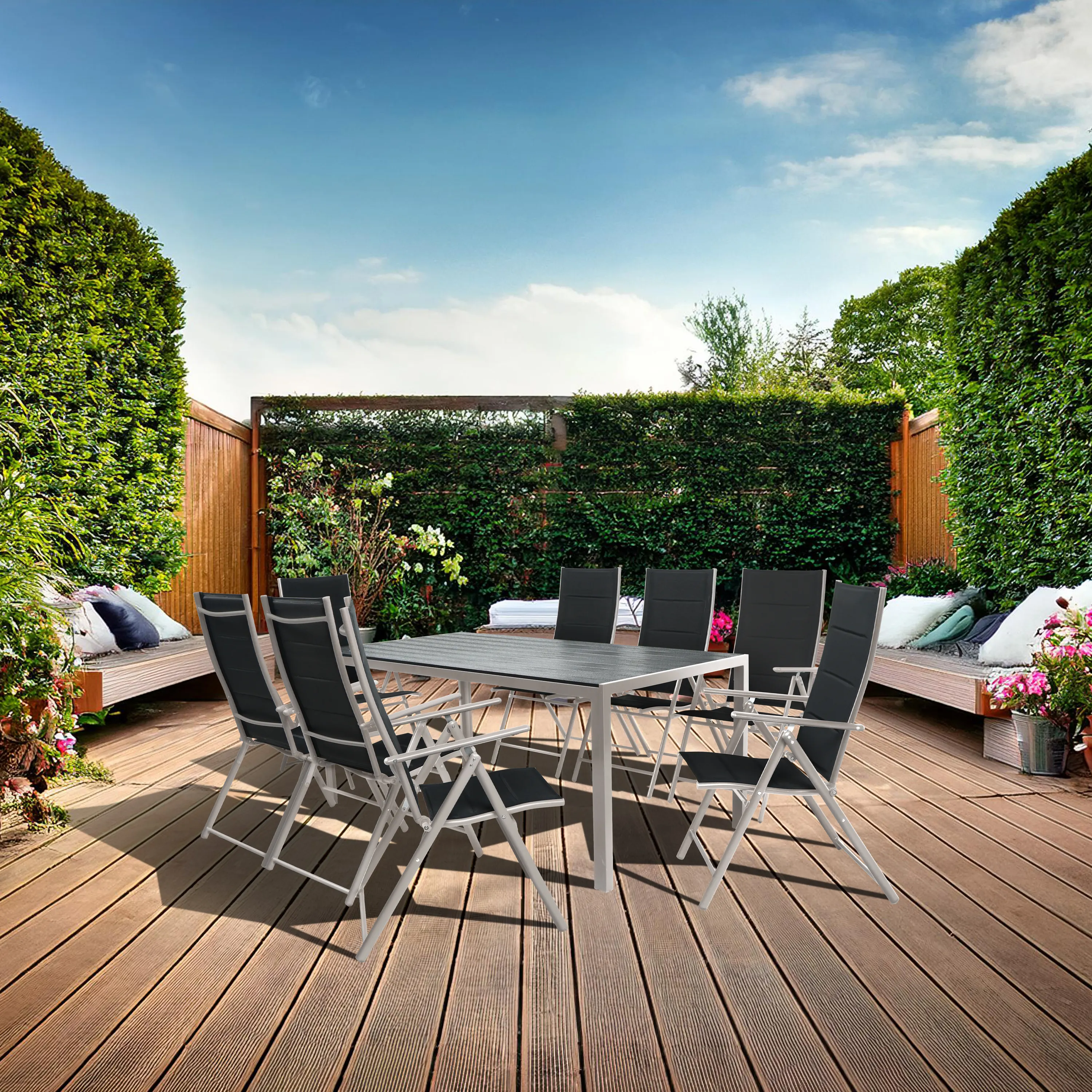 Zestaw Mebli Luxury stół 180x90cm + 8 składanych krzeseł czarno-srebrny - DLG_95628