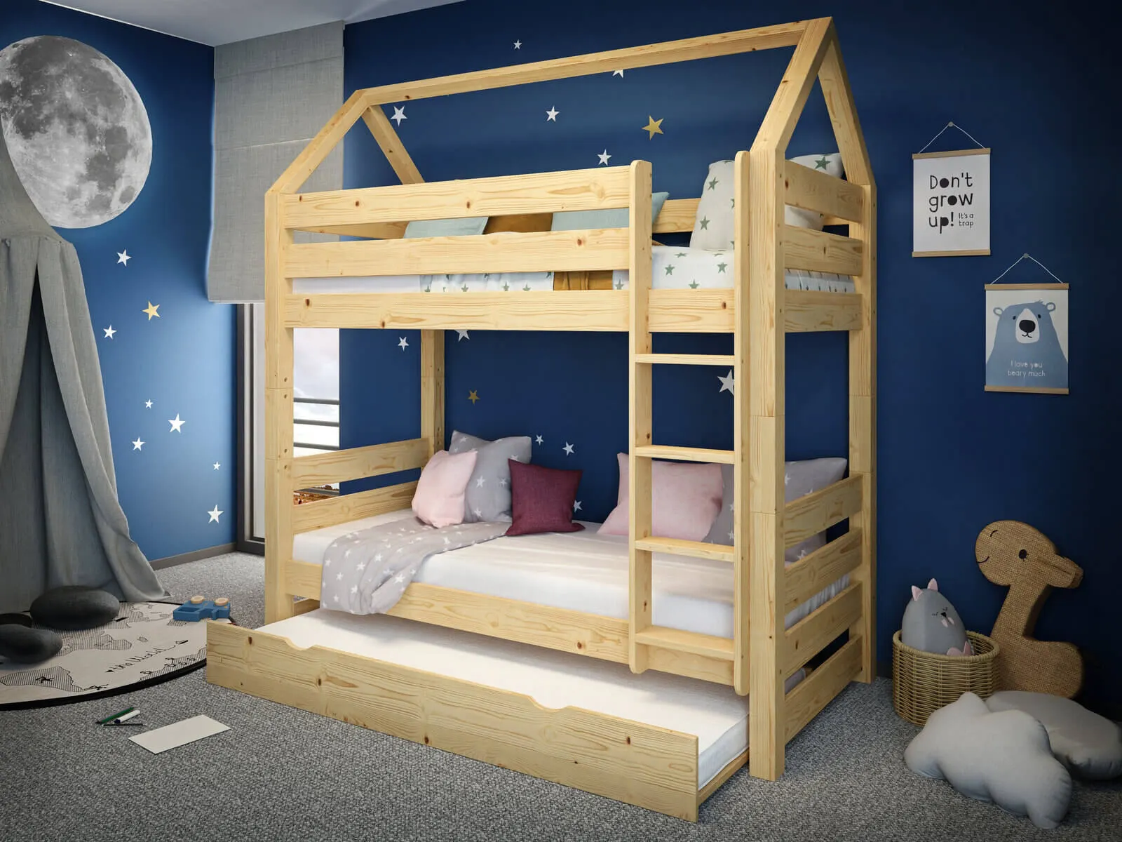 Łóżko piętrowe z daszkiem COSY HOME 90x200 naturalne - LPCOSYHSOS90