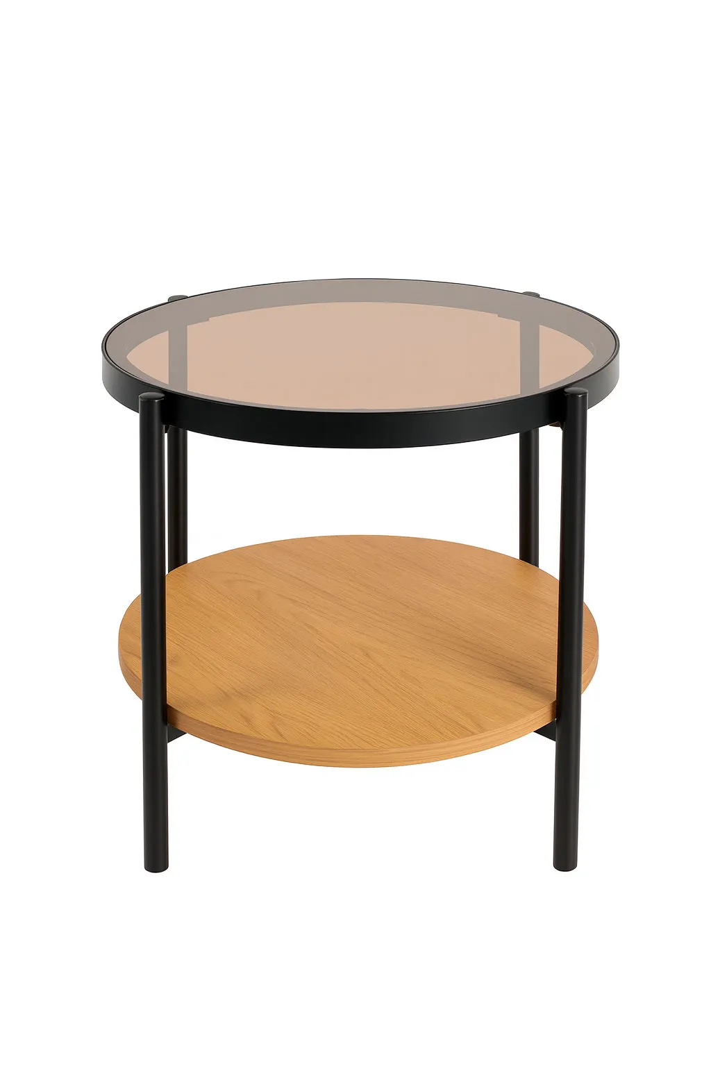 Stolik pomocniczy okrągły HASSEL z półką 48 cm brązowy dąb - UN_58620000