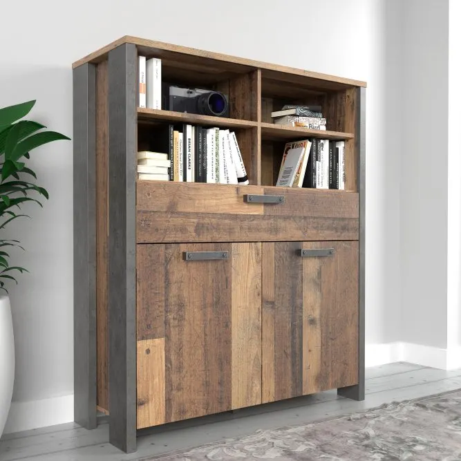 Regał niski CLIF 2-drzwiowy z szufladą - old wood vintage, beton - CLFK321-C546