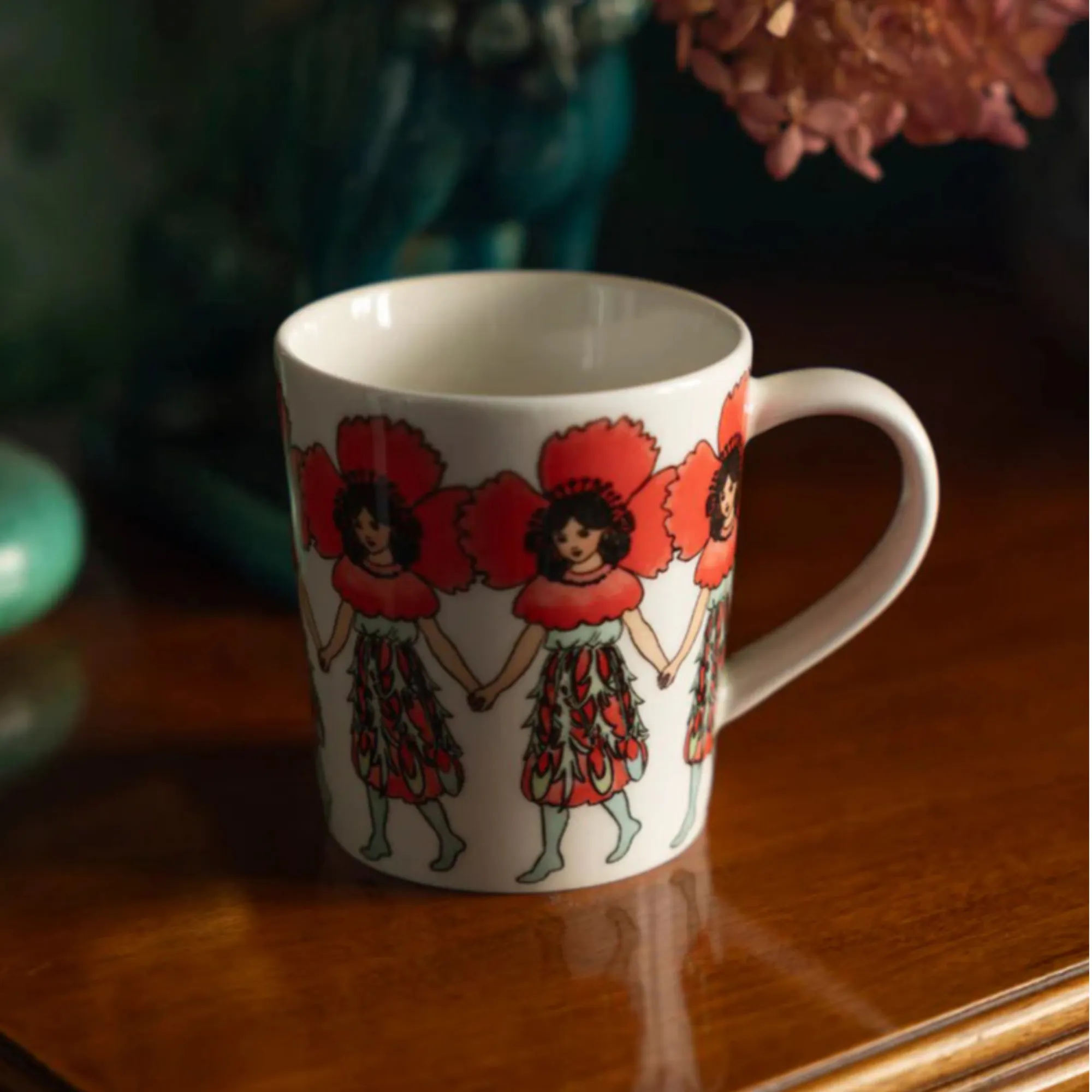 image kubek, ceramika, wzór, postacie, kolor czerwony