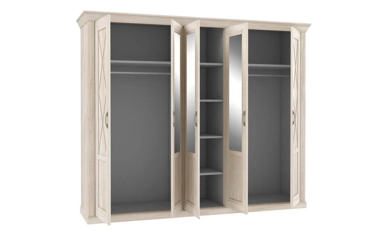 Szafa 5-drzwiowa z lustrem KASHMIR drążki półki 205x268 pinia biała beżowa - KSMS85-D43