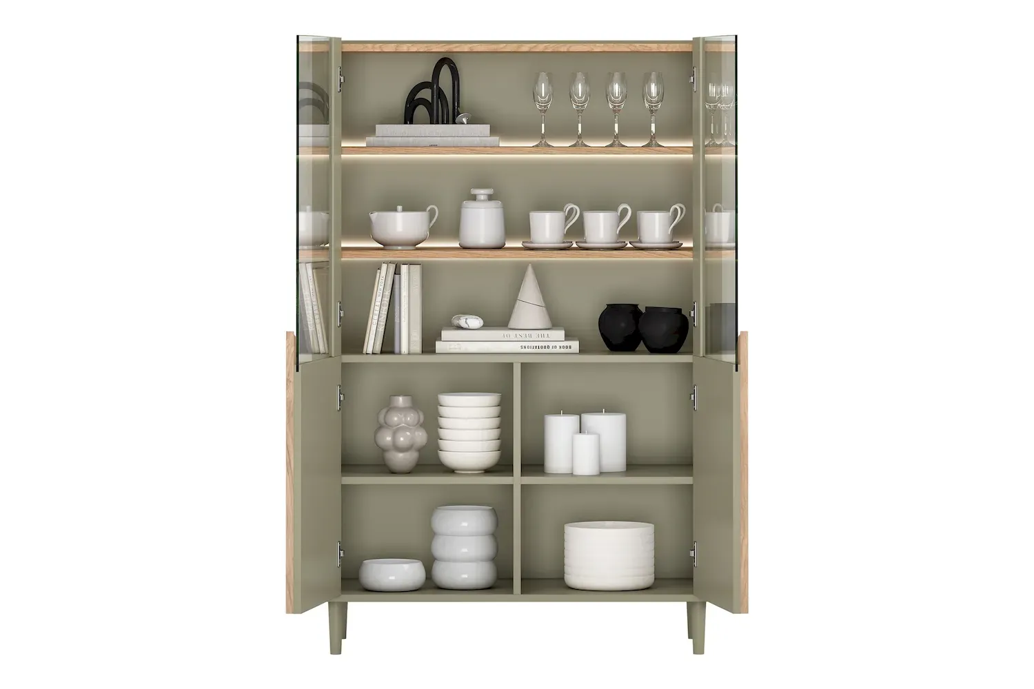 Witryna 2-drzwiowa AMILIO 100 oświetlenie LED - eukaliptus dąb baltic dune uchwyty dąb naturalny nogi eukaliptus - B_169226