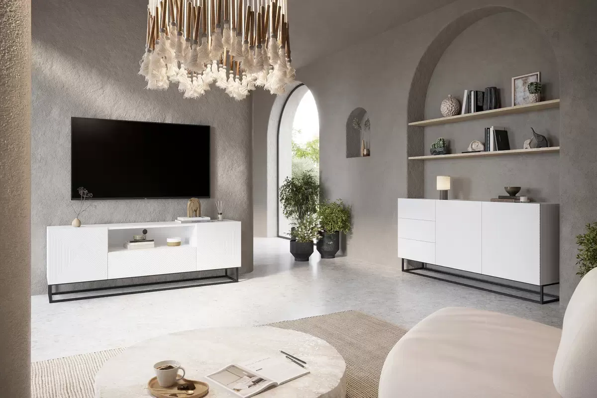 Szafka RTV ASHA 167 - biały mat - ryflowany front - czarny stelaż - B_52530