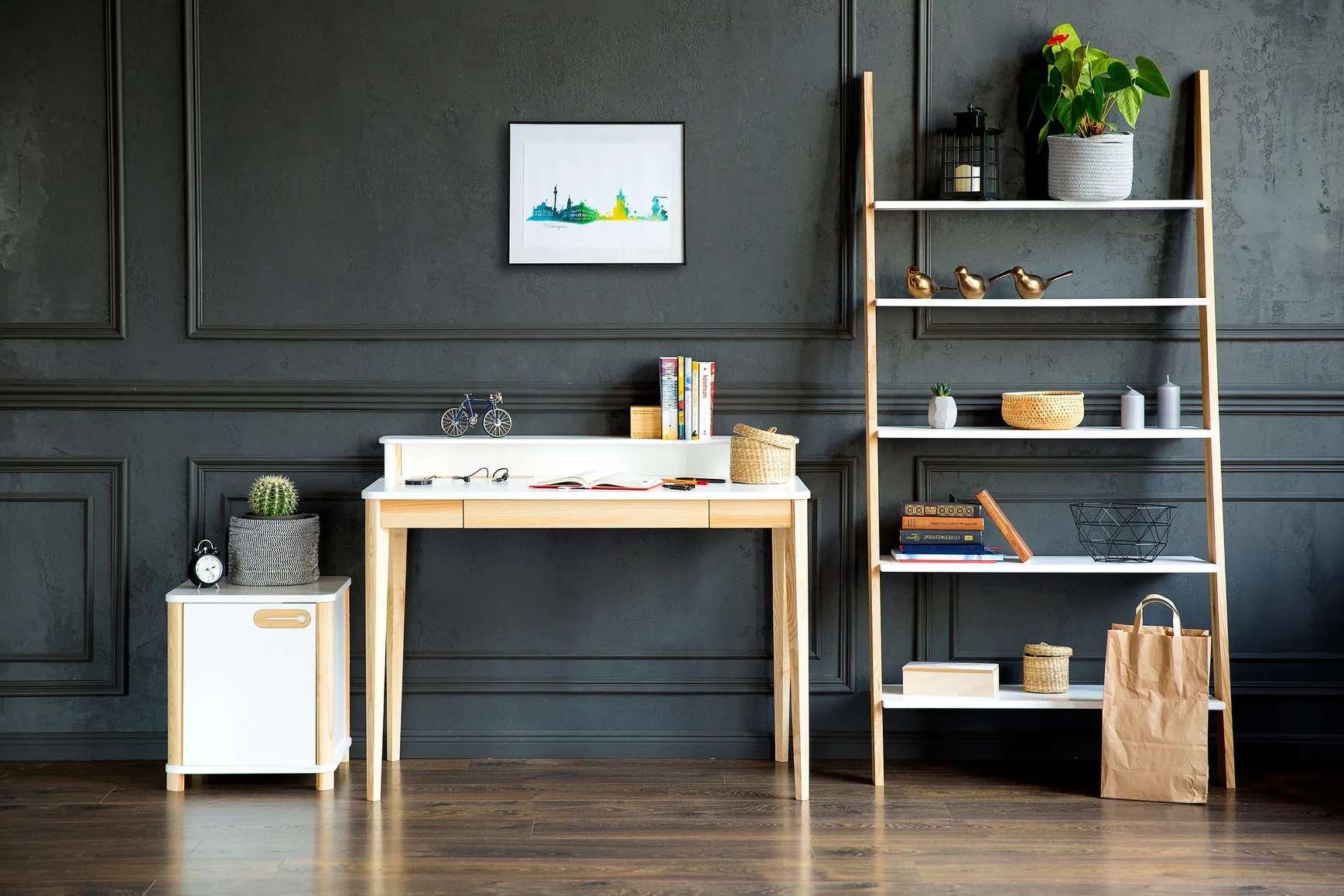 Biurko z nadstawką i szufladą ASHME 110x56 kremowy blat/jesionowe nogi - NRAGABAWDA2