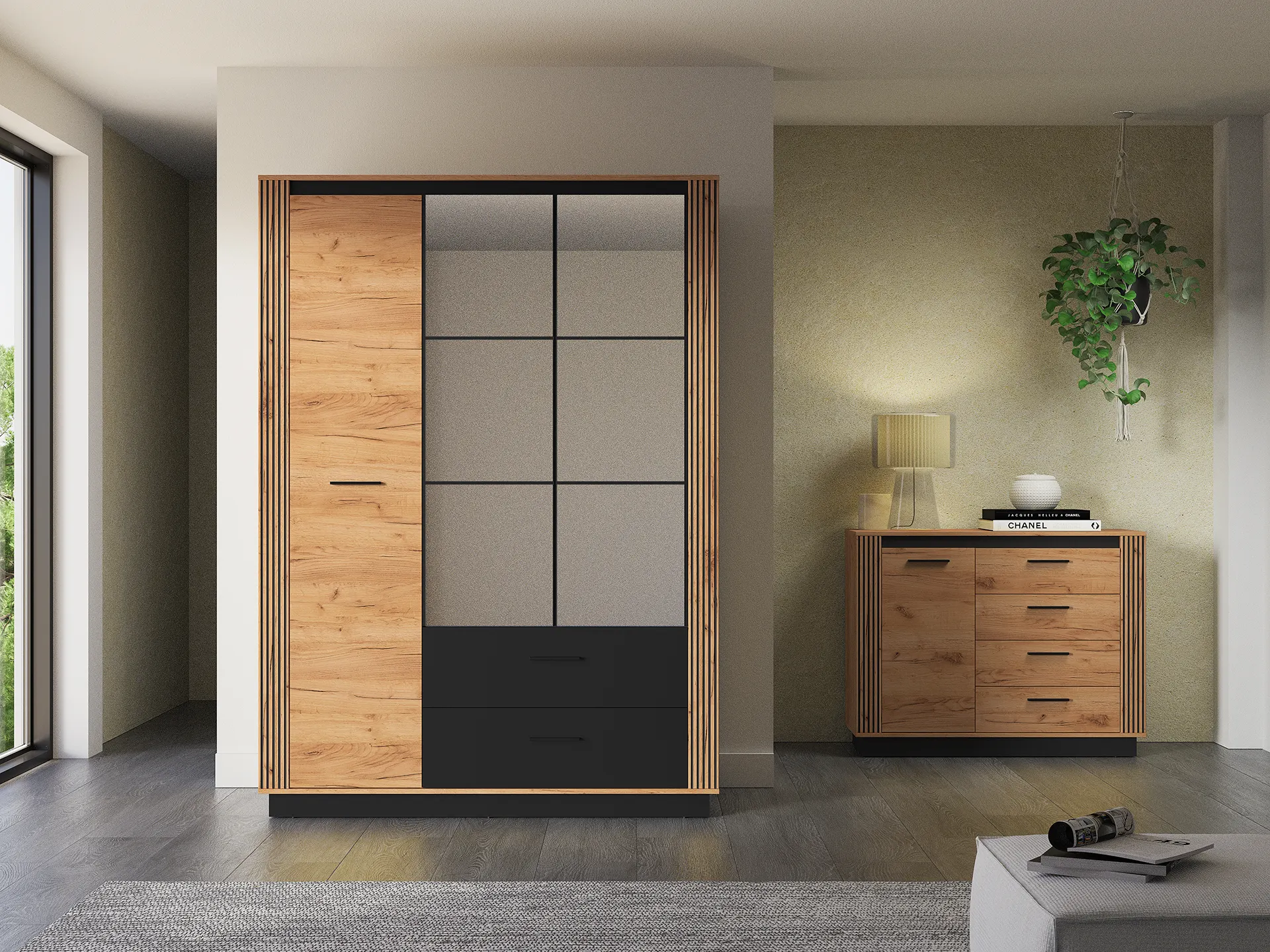 Szafa z lustrem 3-drzwiowa z 2 szufladami URSO 02 craft złoty-czarny - 1URSO02-001