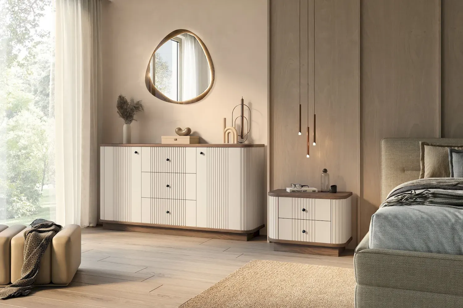 Zestaw szafka nocna z 2 szufladami VESPER 2-set ryflowany front - cashmere orzech czarne uchwyty cokół - B_169469