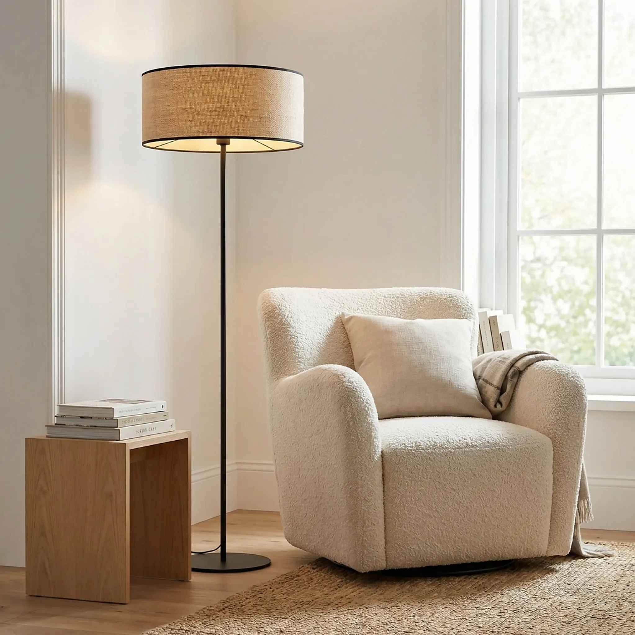 fotel, sofa, lampka stojąca, pufa, kocyk