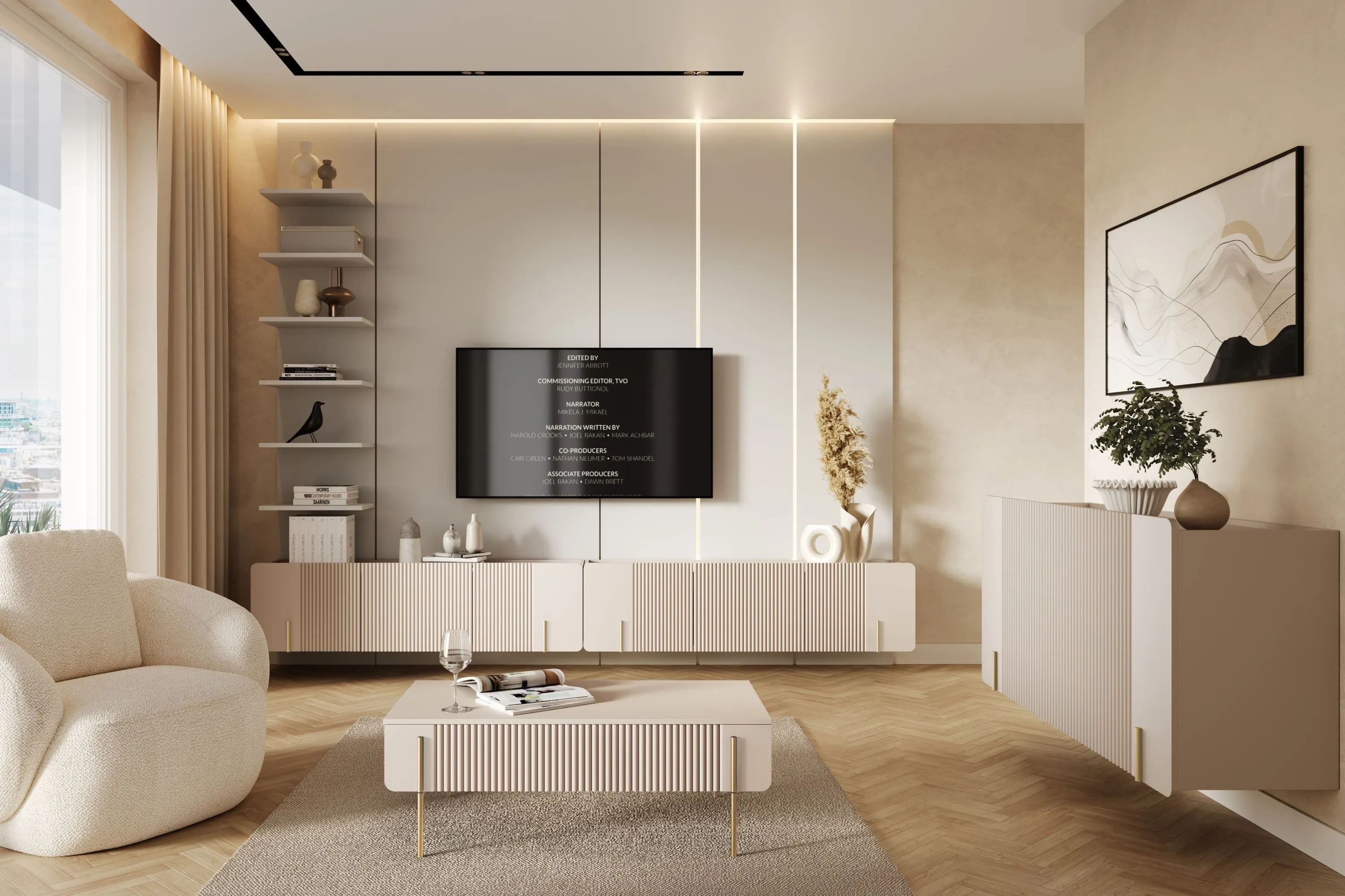 Stolik kawowy z 2 szufladami MALMI ryflowany front 60x100cm - kaszmirowy - złoty - B_167013