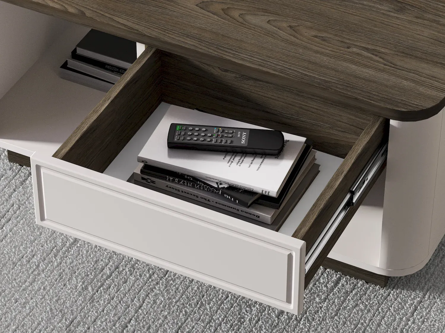 Stolik kawowy z szufladą i półką VILAVIO 06 dąb windmill cashmere cokół - 1VILA06-001