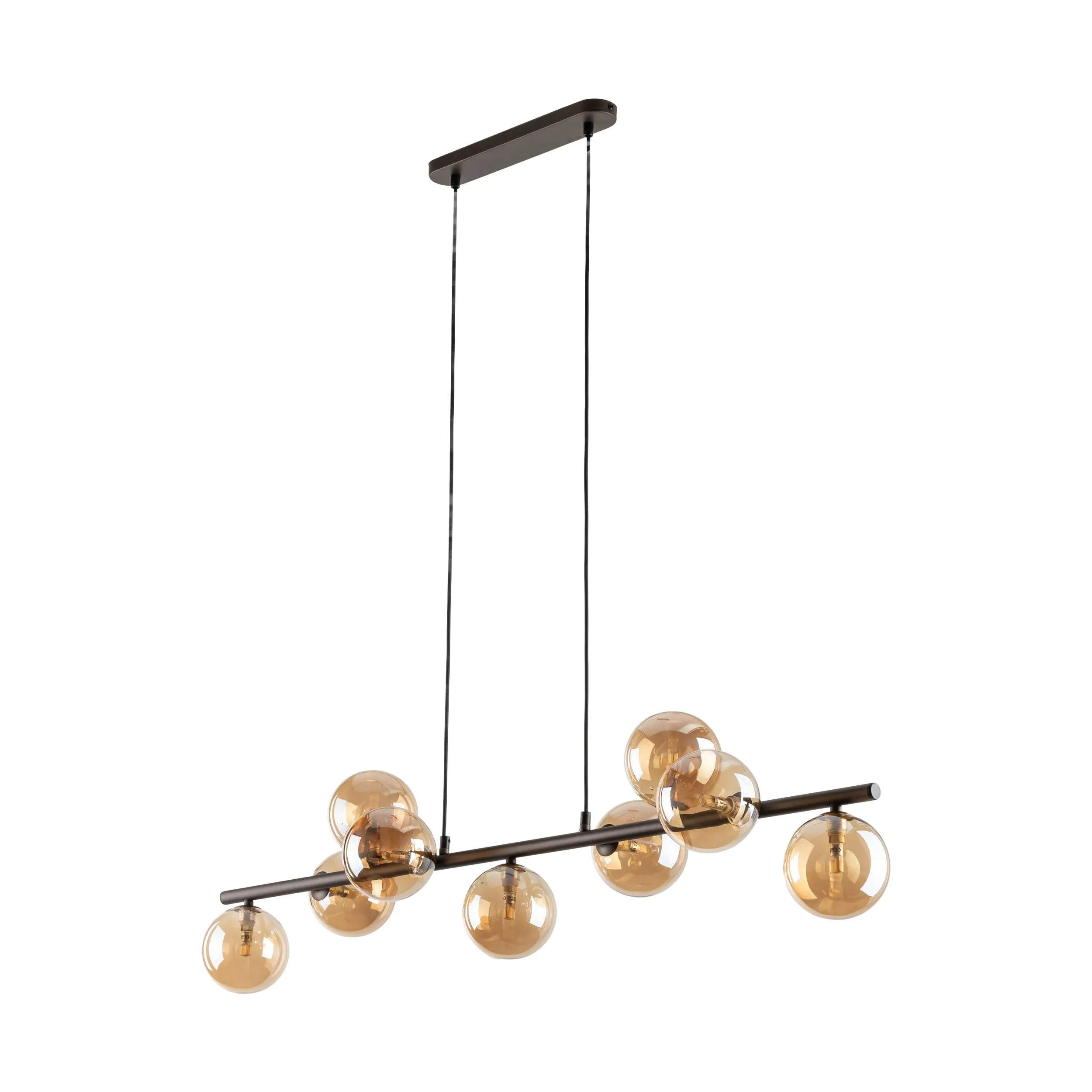Lampa wisząca ESTERA czarna z brązowymi okrągłymi szklanymi transparentnymi kloszami 138x116x27cm