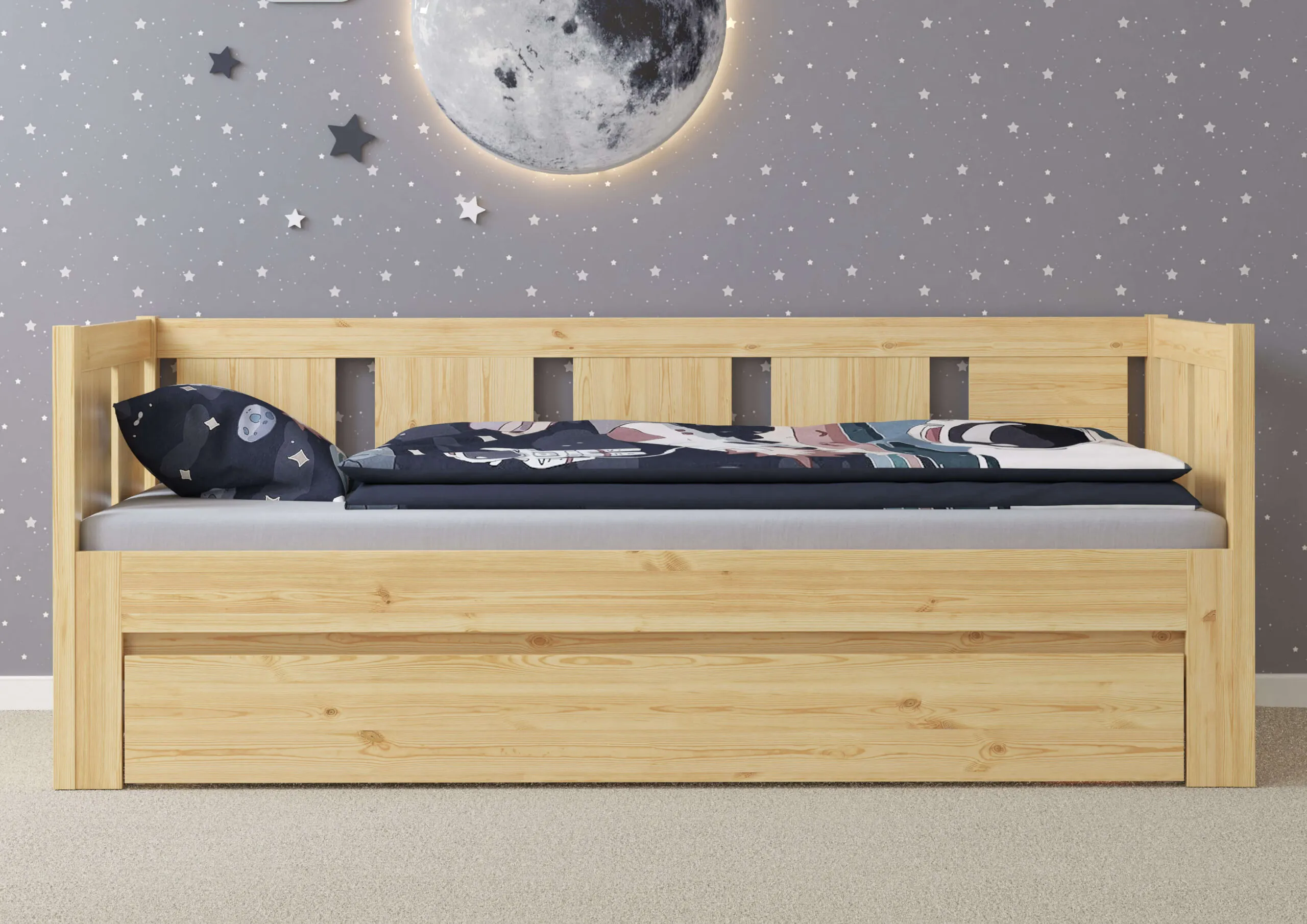 Łóżko drewniane rozkładane MOON 90x200 z oparciem naturalne - LMOONSOS90