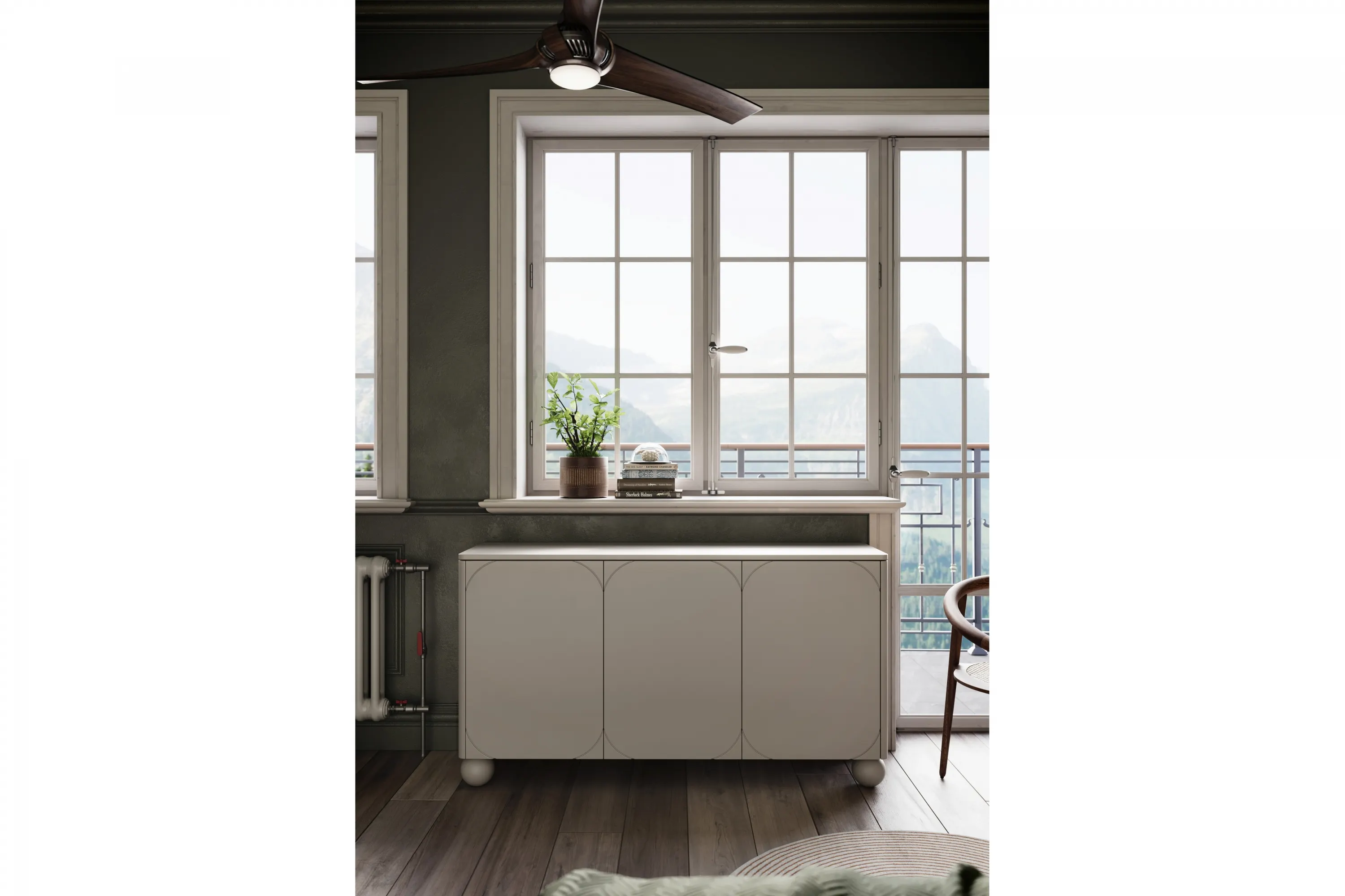 Komoda 3-drzwiowa z 2 szufladami SONATIA 150cm cashmere nogi kule - B_157292