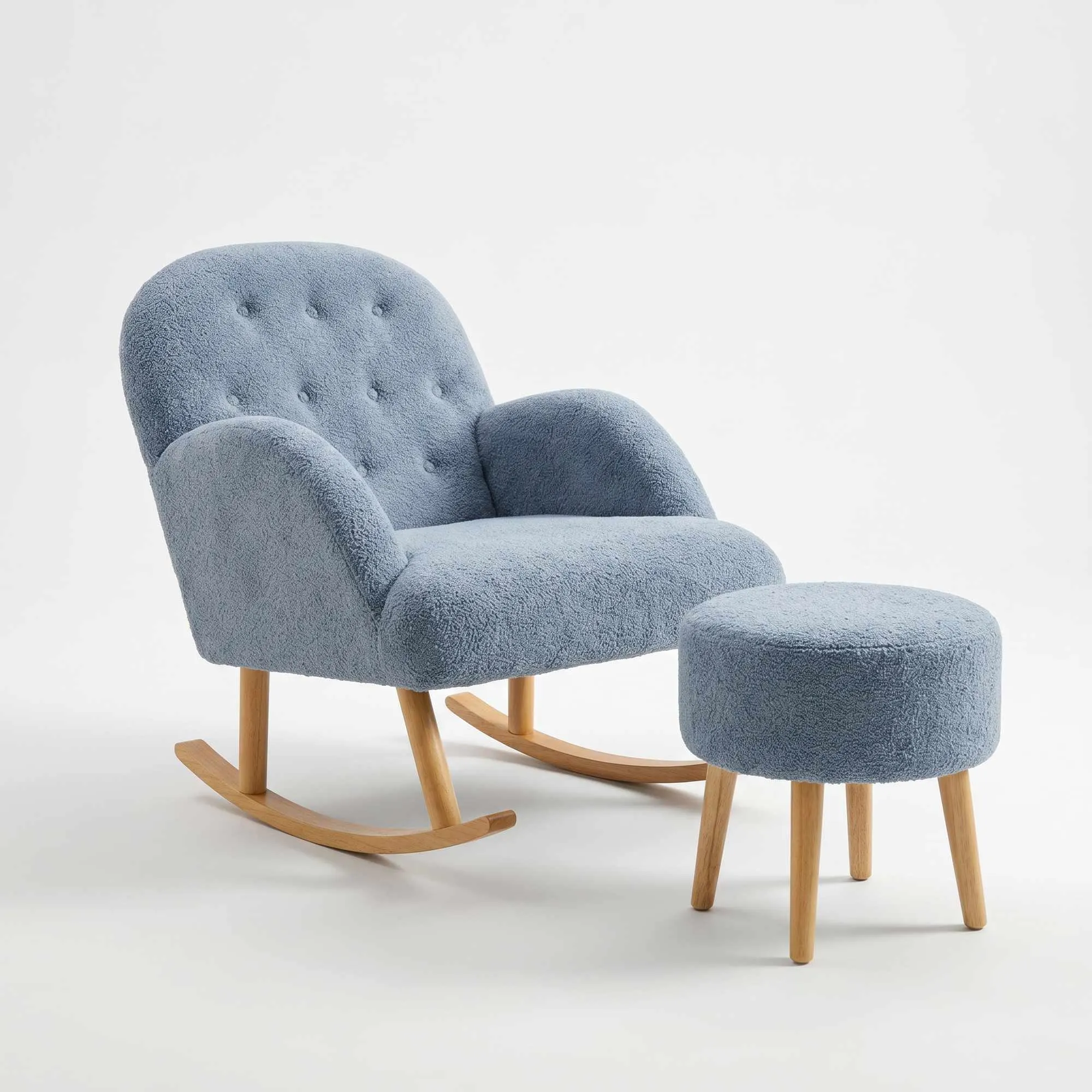 image fotel bujany, fotel z podnóżkiem, fotel z weluru, niebieski, drewniane nóżki