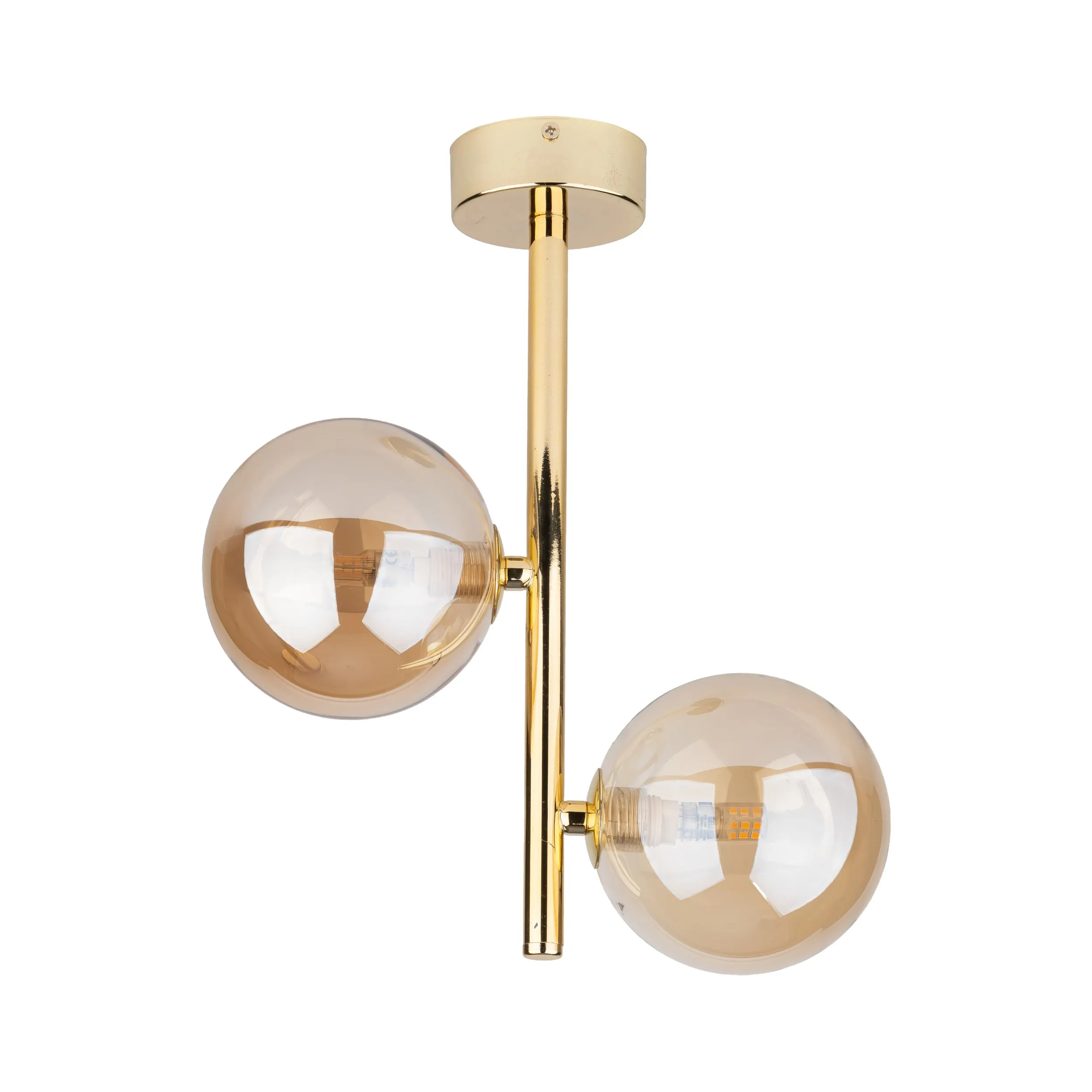 Lampa sufitowa ESTERA złota metalowa z dwoma bursztynowymi transparentnymi szklanymi kloszami 34x27x12cm