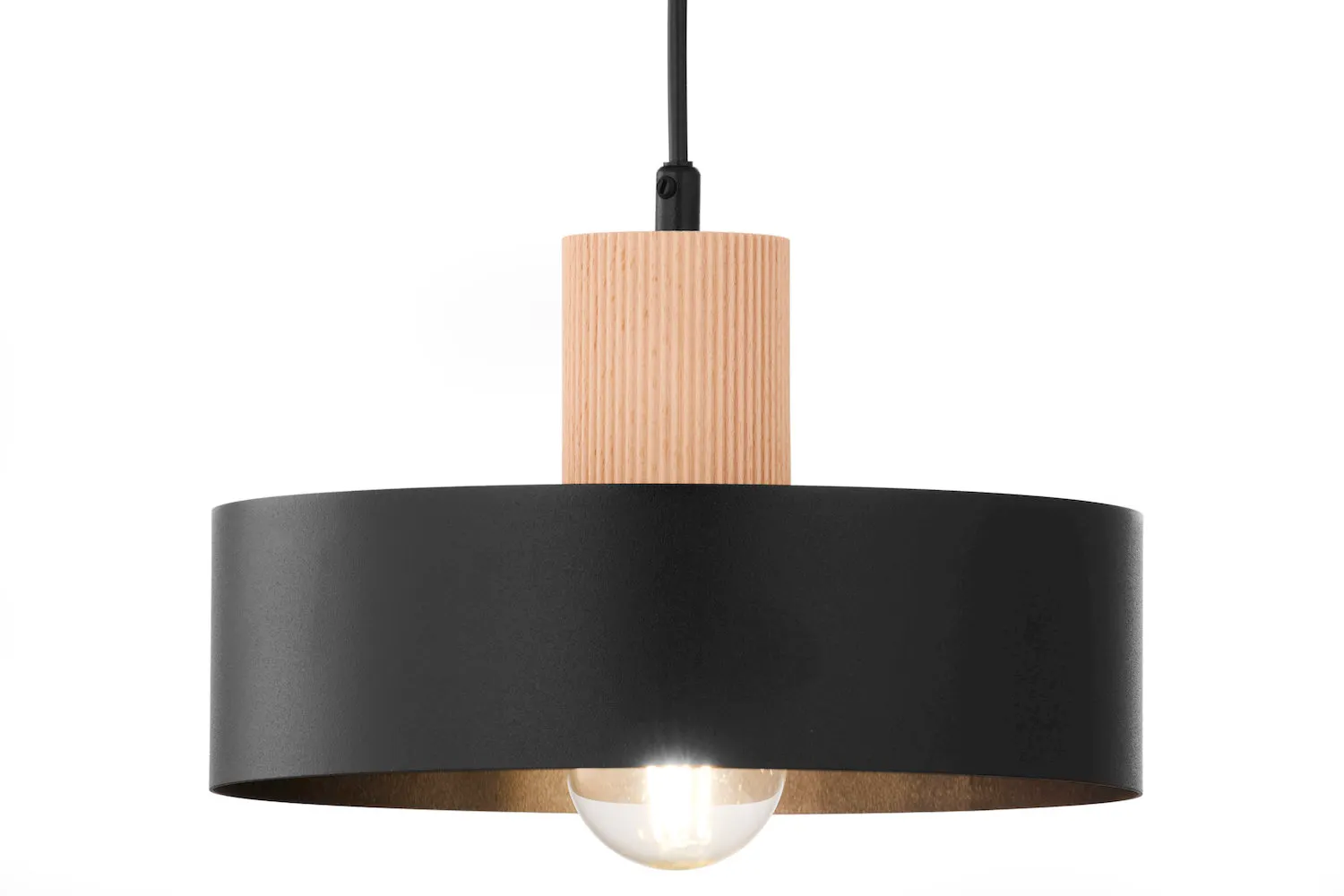 lampa wisząca, metalowa oprawa, czarna obudowa, drewniana podstawa, żarówka LED