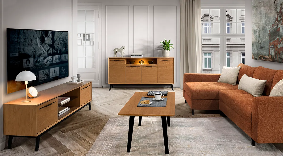 Szafka RTV LAZURE 25 2-drzwiowa z oświetleniem dąb karmelowy, czarny 180x55x42cm