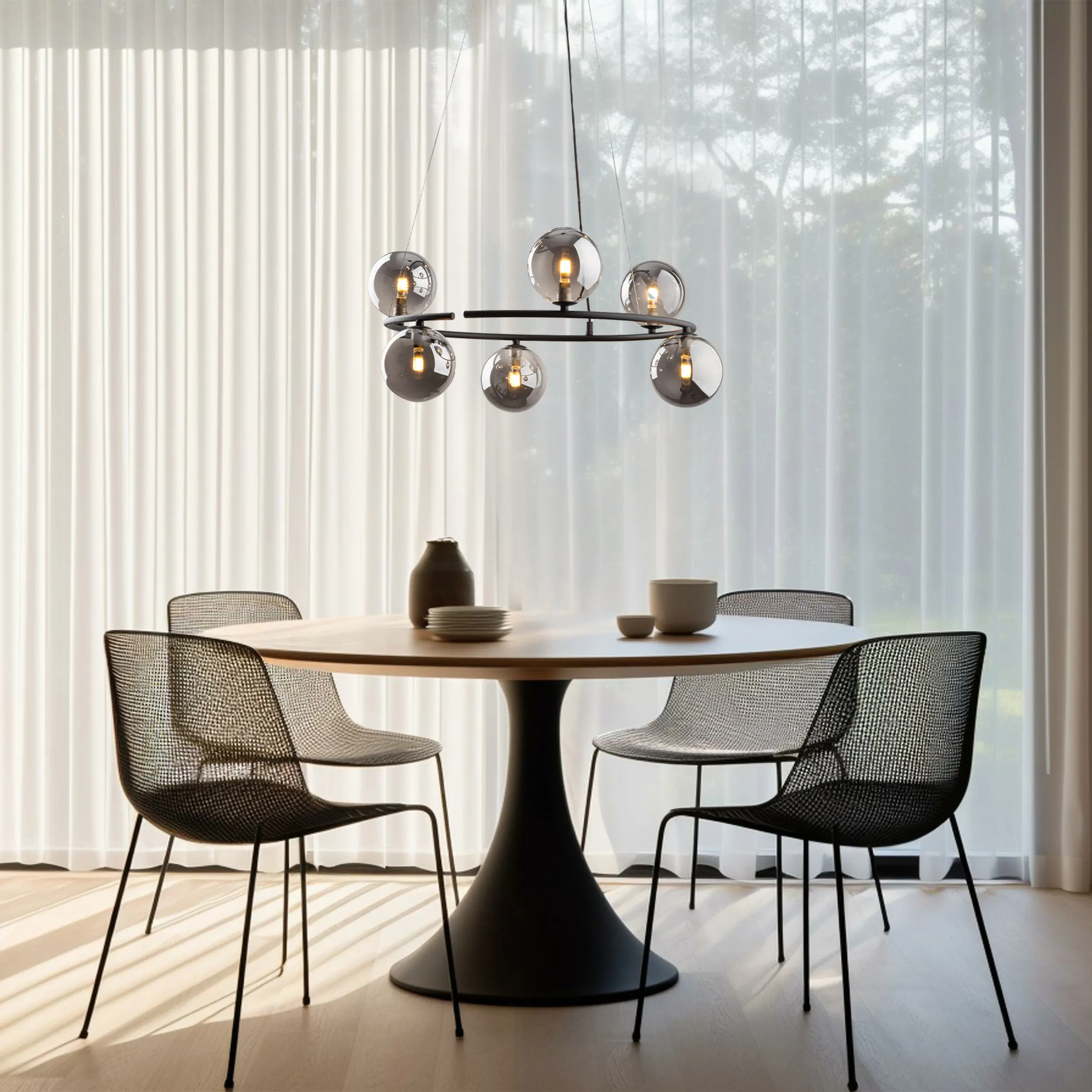 Lampa wisząca ANABELLE czarna z szarymi okrągłymi szklanymi kloszami 140x62cm - TK_6843