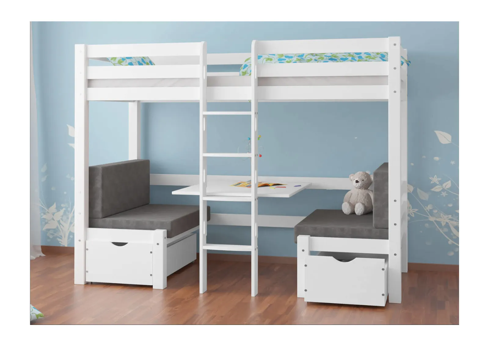 Łóżko drewniane piętrowe DOUBLE ze stelażem i siedziskiem białe - LPDOUBLEBIA90