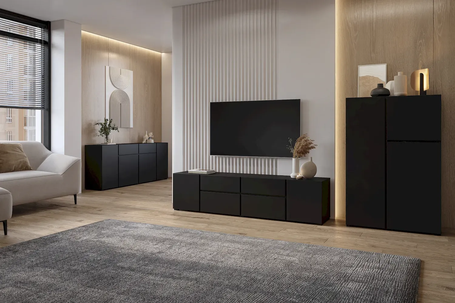 Szafka RTV 4-drzwiowa z 2 szufladami ASYMETRIC czarny onyks - 24W3OA39