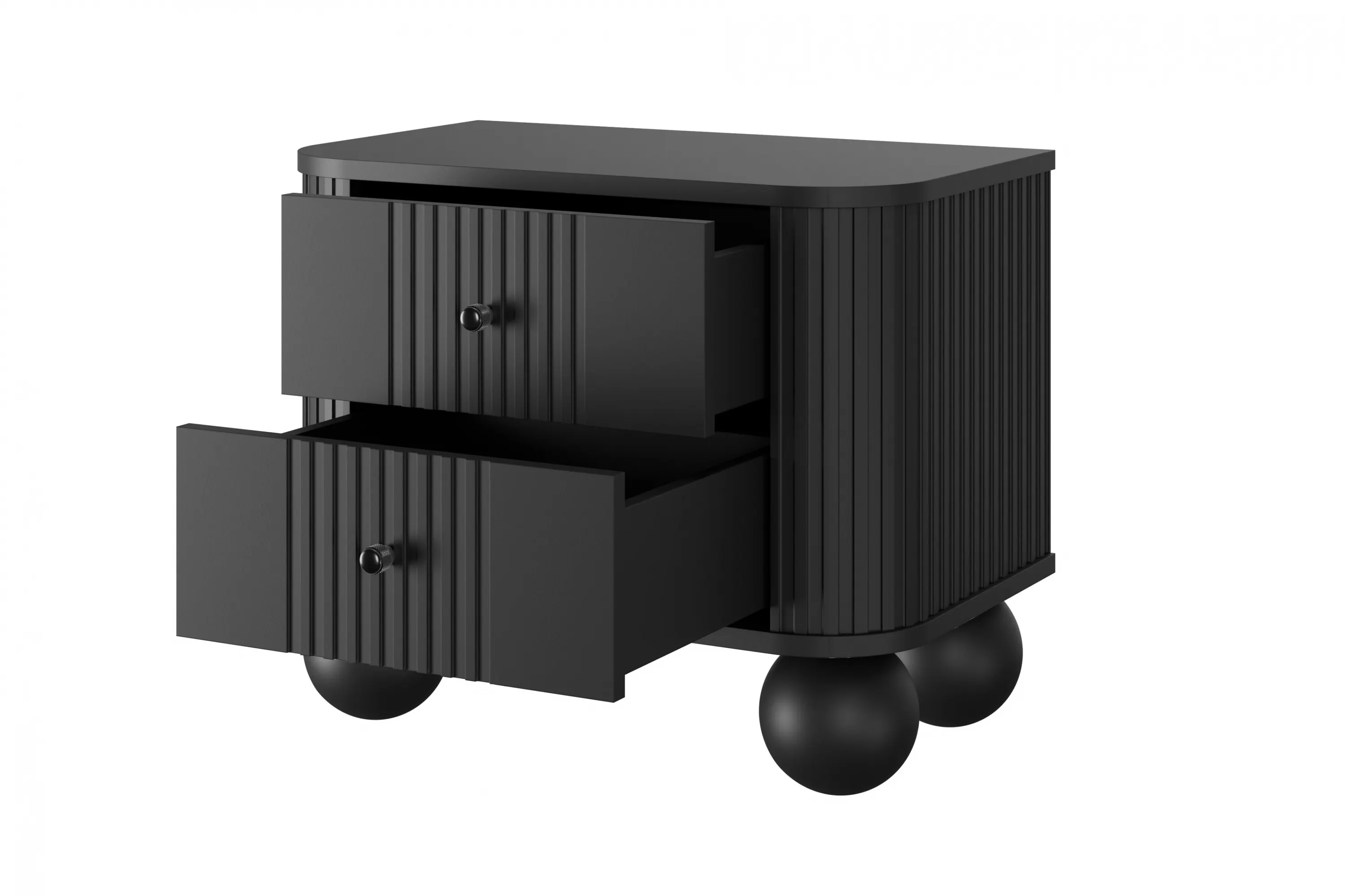 Szafka nocna z 2 szufladami VESPER 56 zestaw 2 sztuk ryflowany front czarny czarne uchwyty nogi kule - B_163849