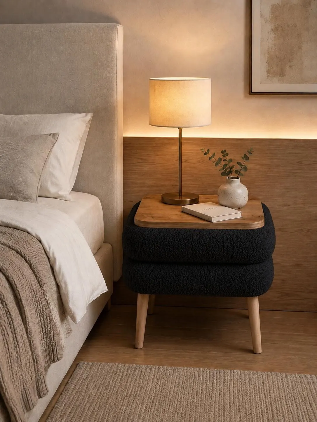 image lampka nocna, stolik nocny, podnóżek, koc/izolowany materiał, wazon ceramiczny