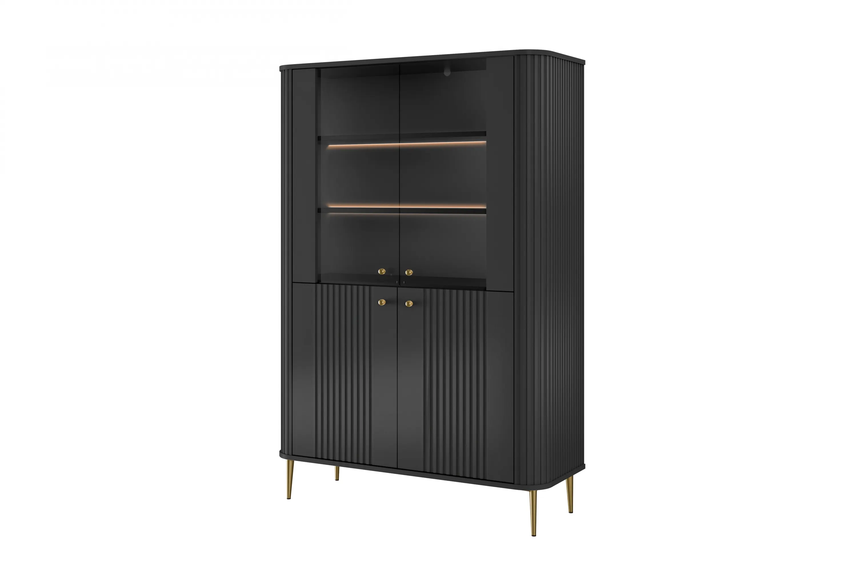Witryna 4-drzwiowa z oświetleniem VESPER 103 ryflowany front czarny złote nogi Meble, Szafa, Szafka, Gabinet