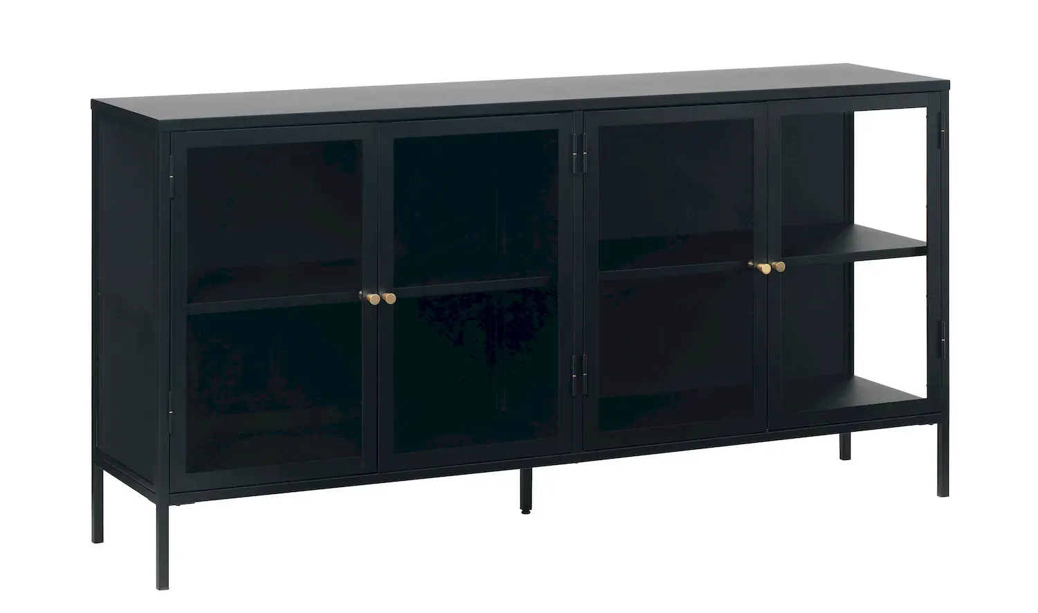 Komoda 4-drzwiowa CARMEL z przeszklonymi drzwiami i bokami 170 cm - czarna Komoda 4-drzwiowa CARMEL z przeszklonymi drzwiami i bokami 170 cm - czarna