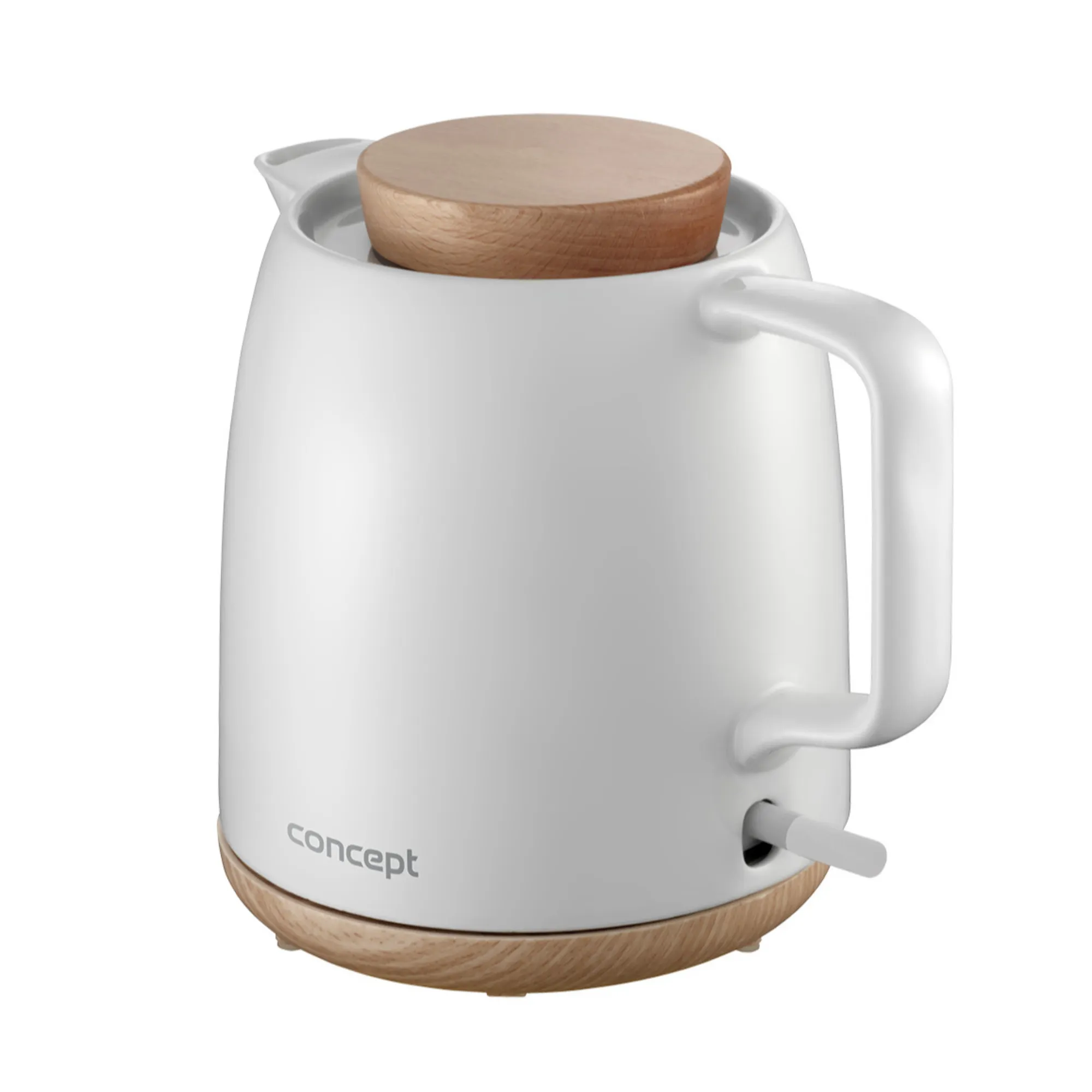 elektryczny czajnik, biały, drewniane elementy, podstawa drewniana, korpus ceramiczny