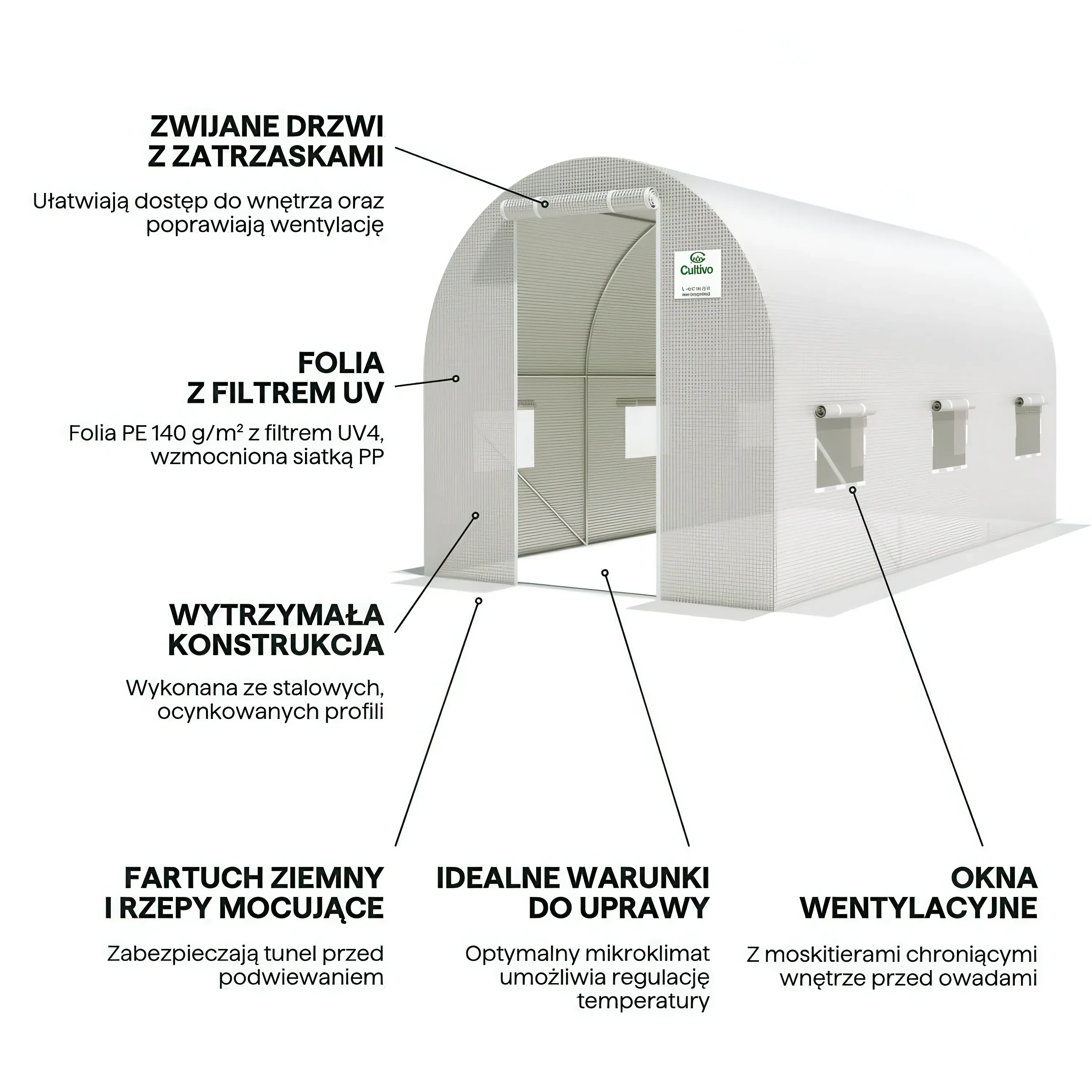 Tunel foliowy CULTIVO 2x4x2m (8m2) 3 sekcje biały - FG001386