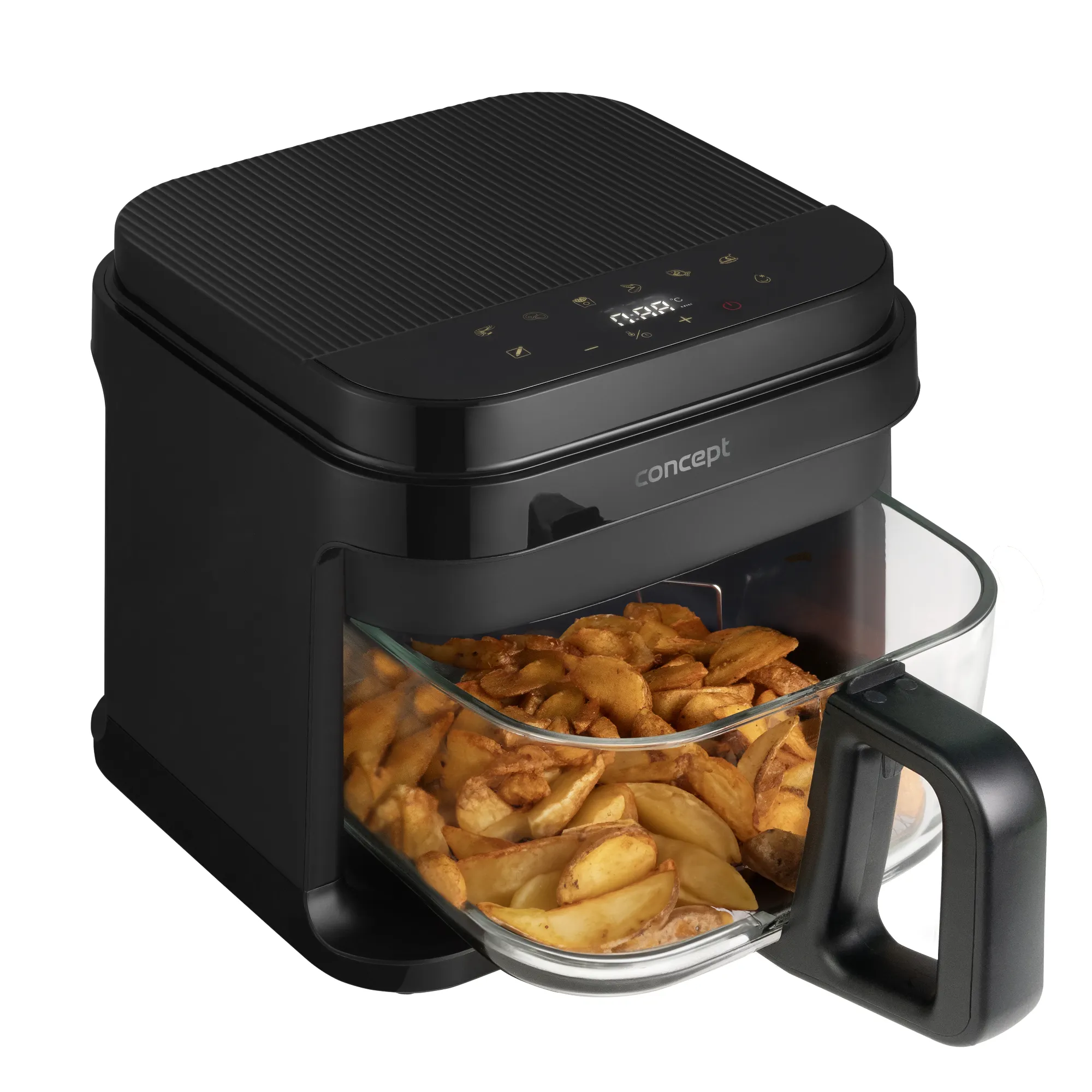 image air fryer, frye, wyświetlacz cyfrowy, czarny, szklany pojemnik