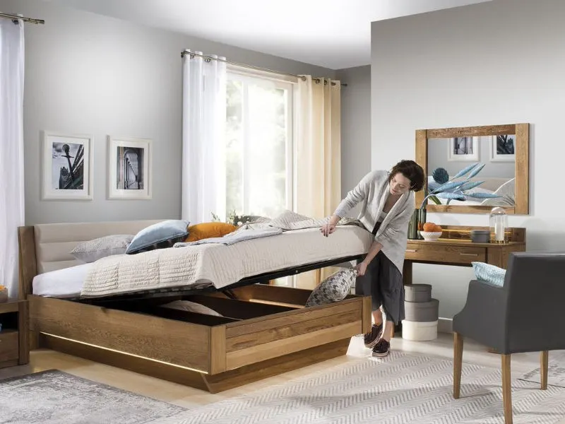 Łóżko Velvet 74 z pojemnikiem na pościel tapicerowanym zagłówkiem dąb rustical beżowy 140x200cm - TH-100-0971