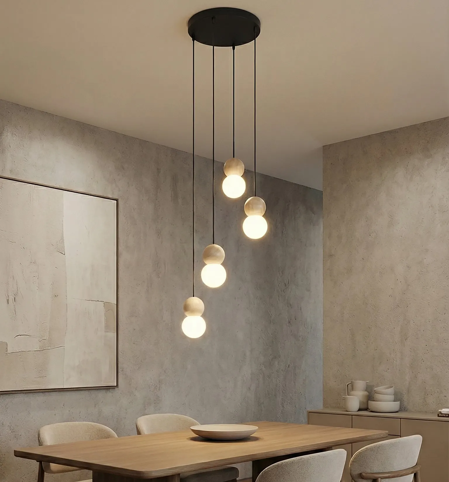 lampa wisząca, kinkiet, kula LED, oświetlenie wnętrz, stół drewniany