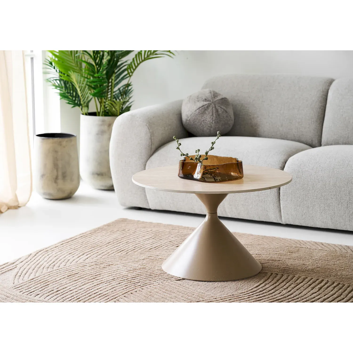 Stolik kawowy okrągły ANNECY 70cm ceramika stal trawertyn piaskowy - 2102196