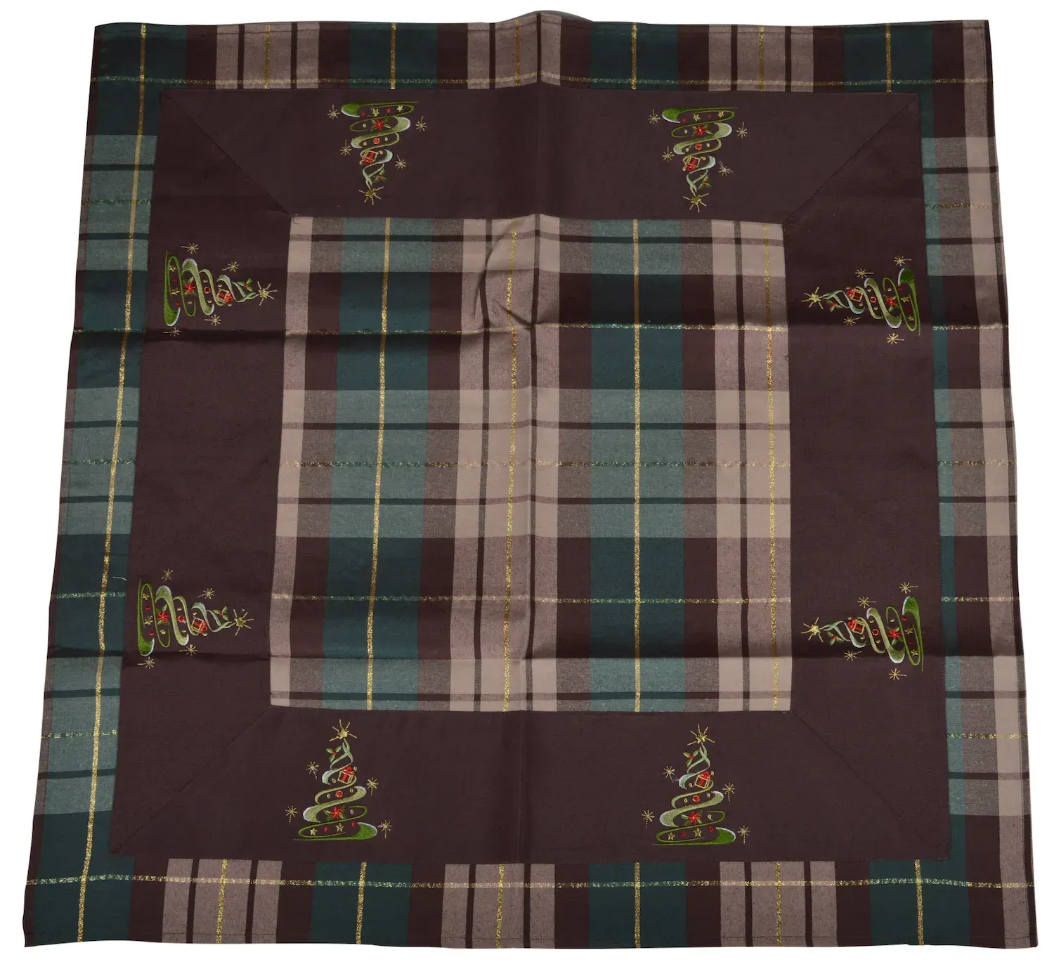 Obrus świąteczny kwadratowy w kratę 85x85 z choinkami brązowy