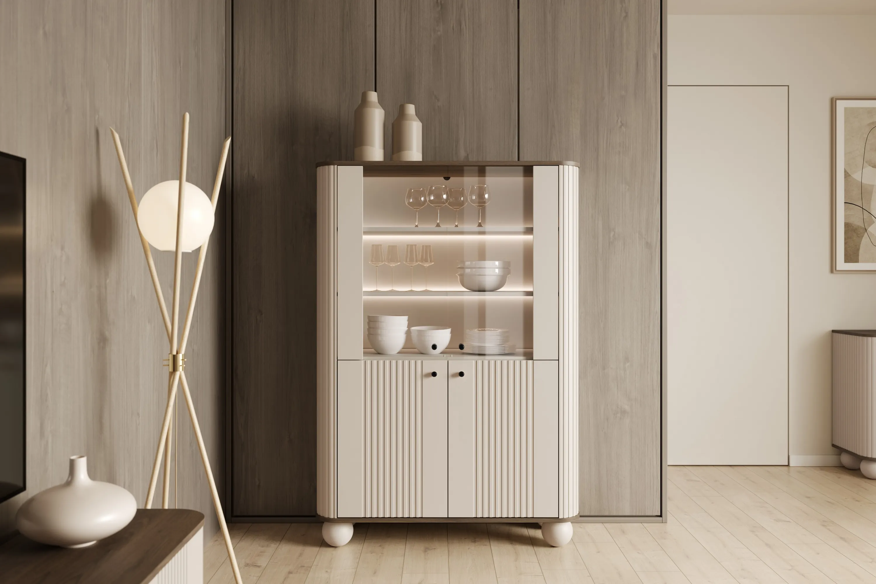 Witryna 4-drzwiowa z oświetleniem VESPER 103 ryflowany front cashmere orzech czarne uchwyty nogi kule - B_167226