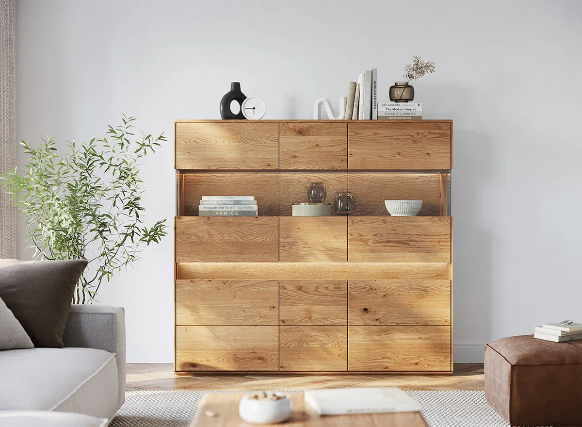 Witryna drewniana szklana DIVISIONE z oświetleniem 163x152 dąb olejowany - ZIDIV05