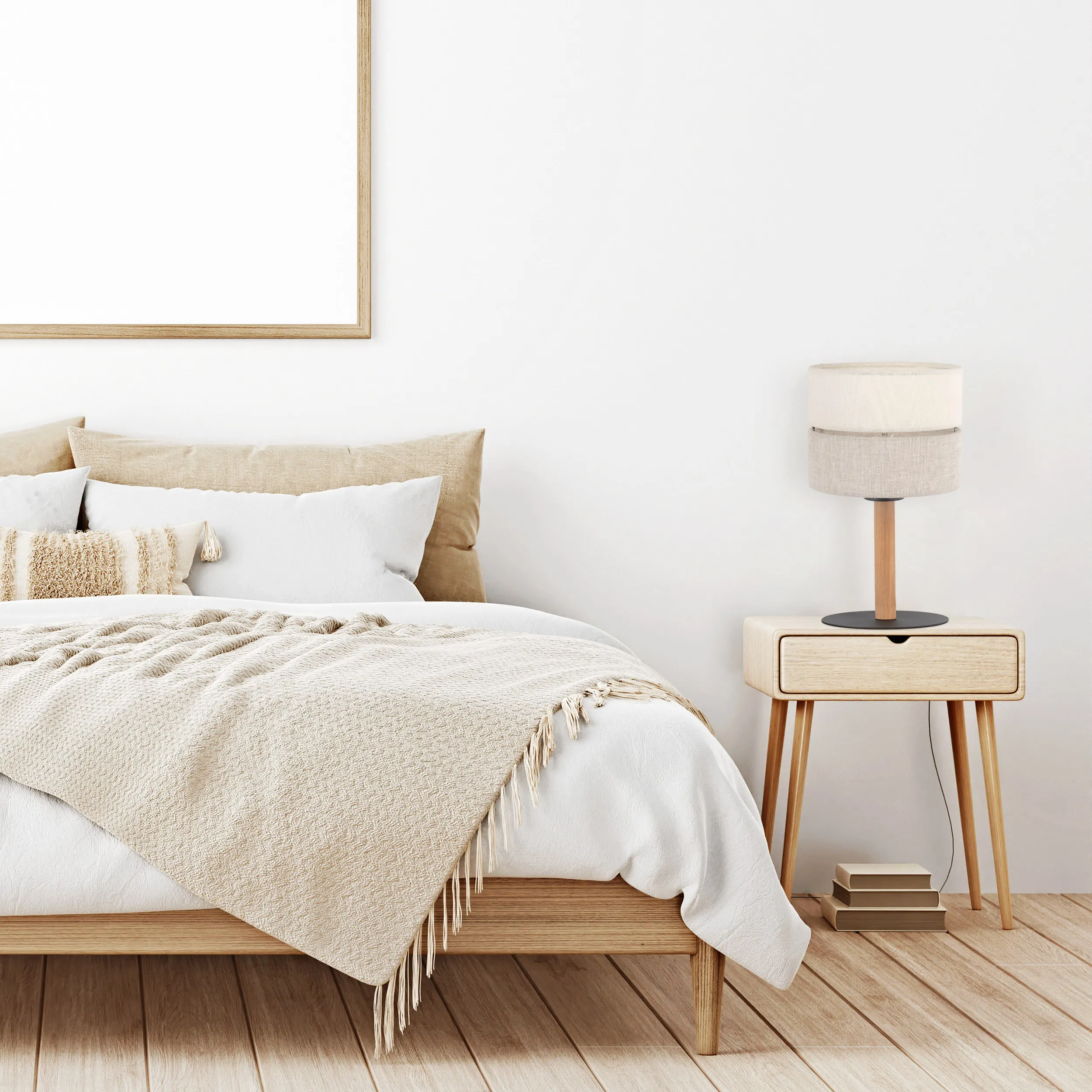 Lampka nocna czarna na jasnej drewnianej nodze beżowo szary klosz 34x20cm - TK_5596