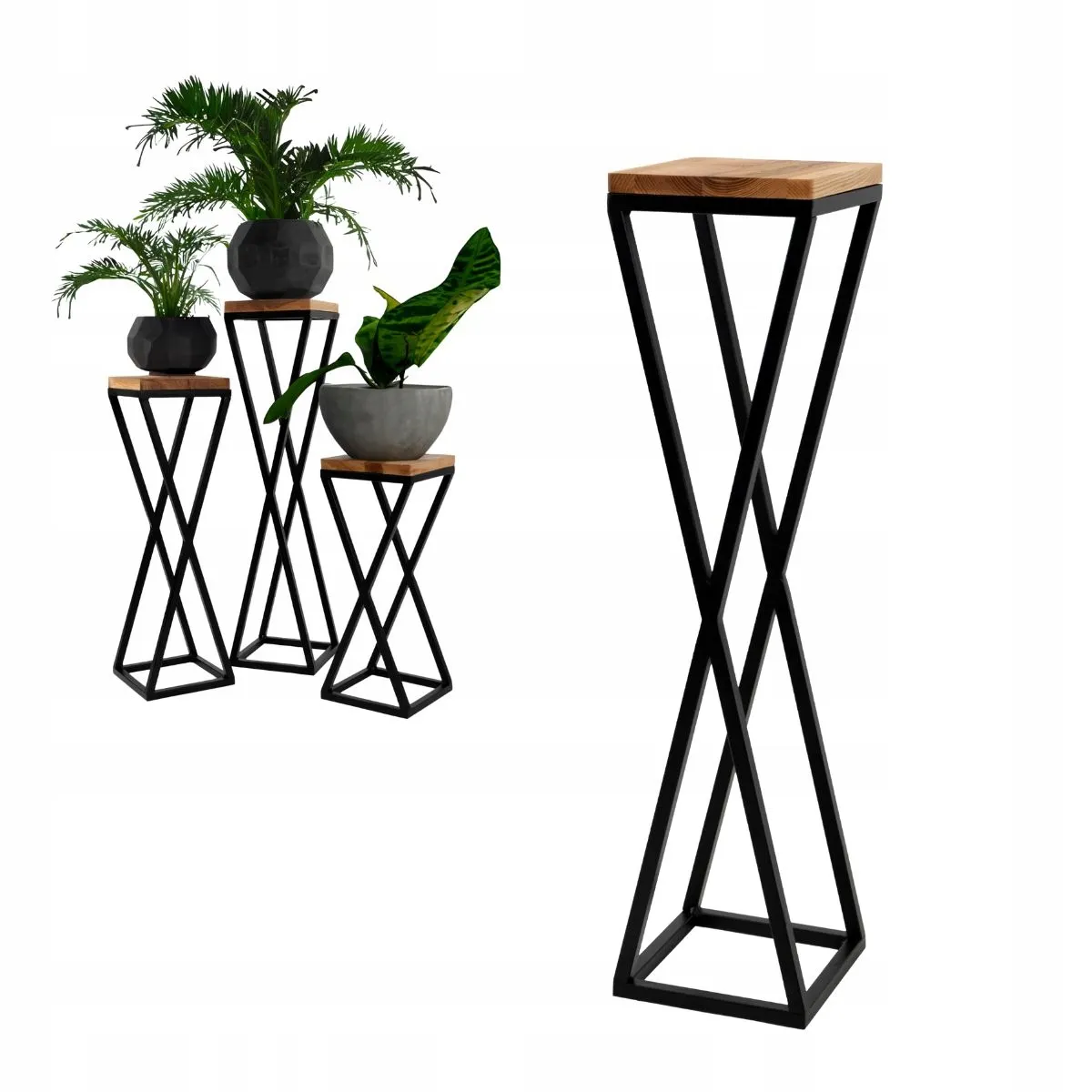 Kwietnik stojący VICHY M metal drewno olejowane czarny naturalny