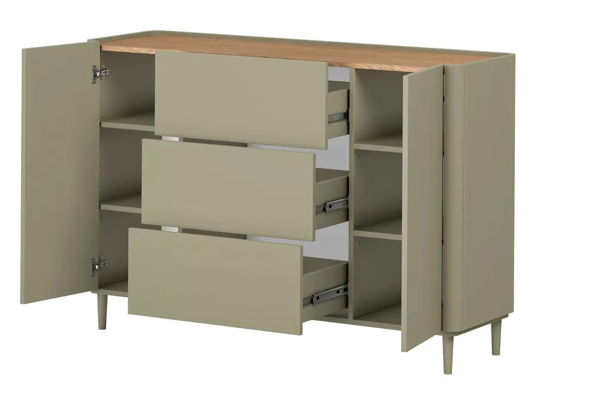 Komoda 2-drzwiowa z 3 szufladami ELIVO 150cm drewniane nóżki eukaliptus dąb baltic dune