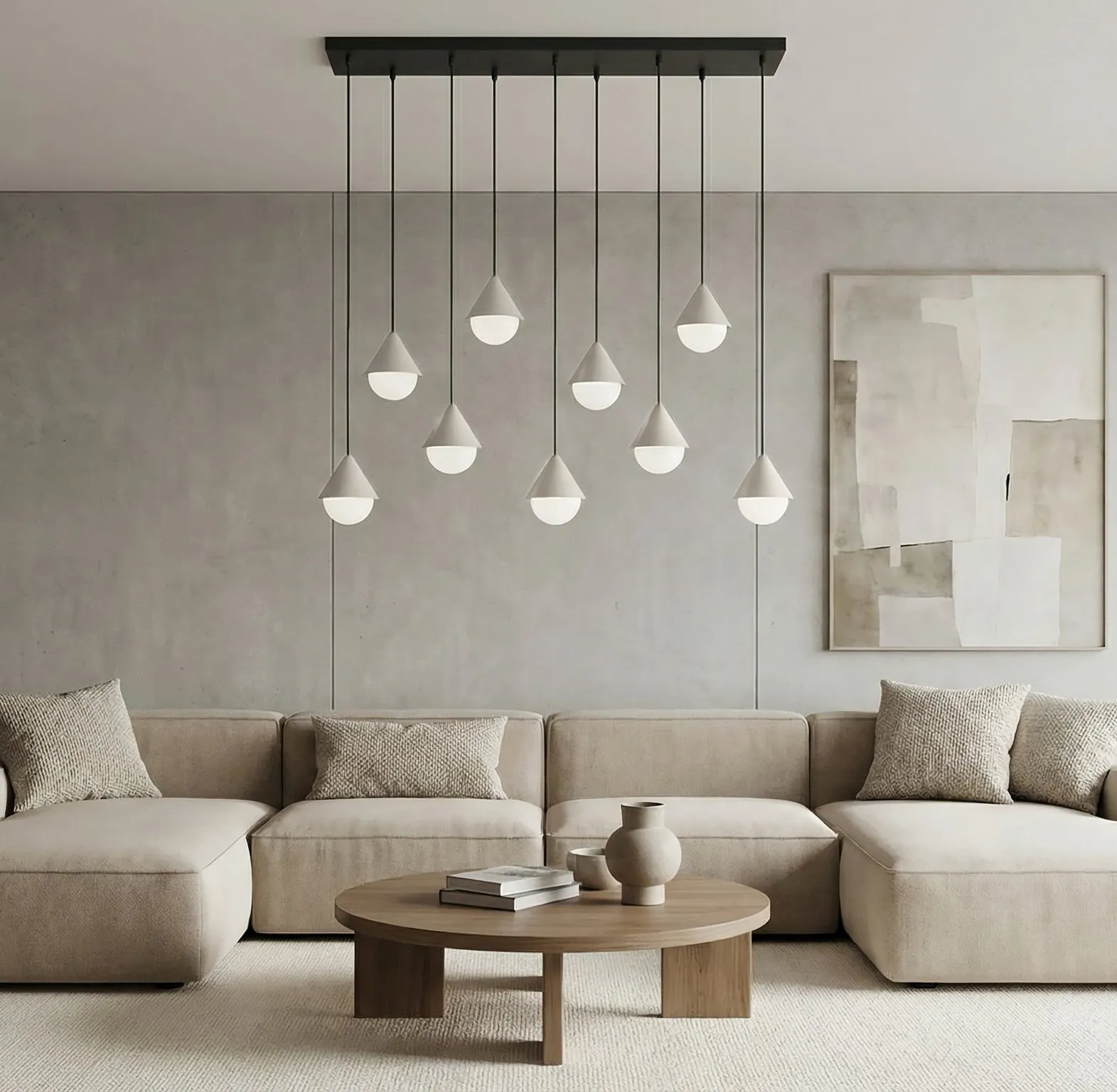 image lampa wisząca, lampy wiszące, kolor beżowy, minimalistyczna dekoracja, salonowy wystrój